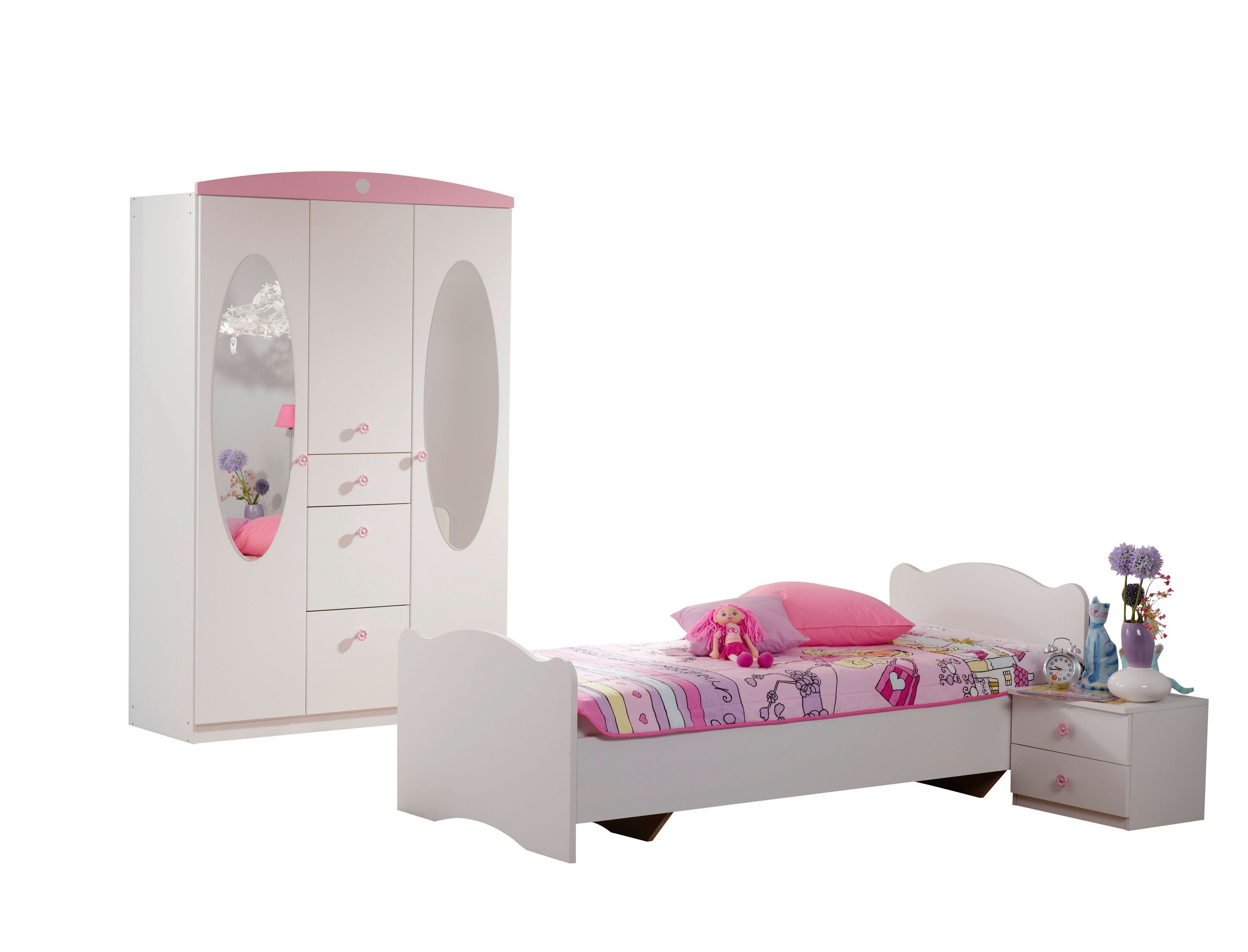 Kindermöbel 24 Komplettschlafzimmer Kinderzimmer Mädchen Blümchen 3-teilig weiß - rosa