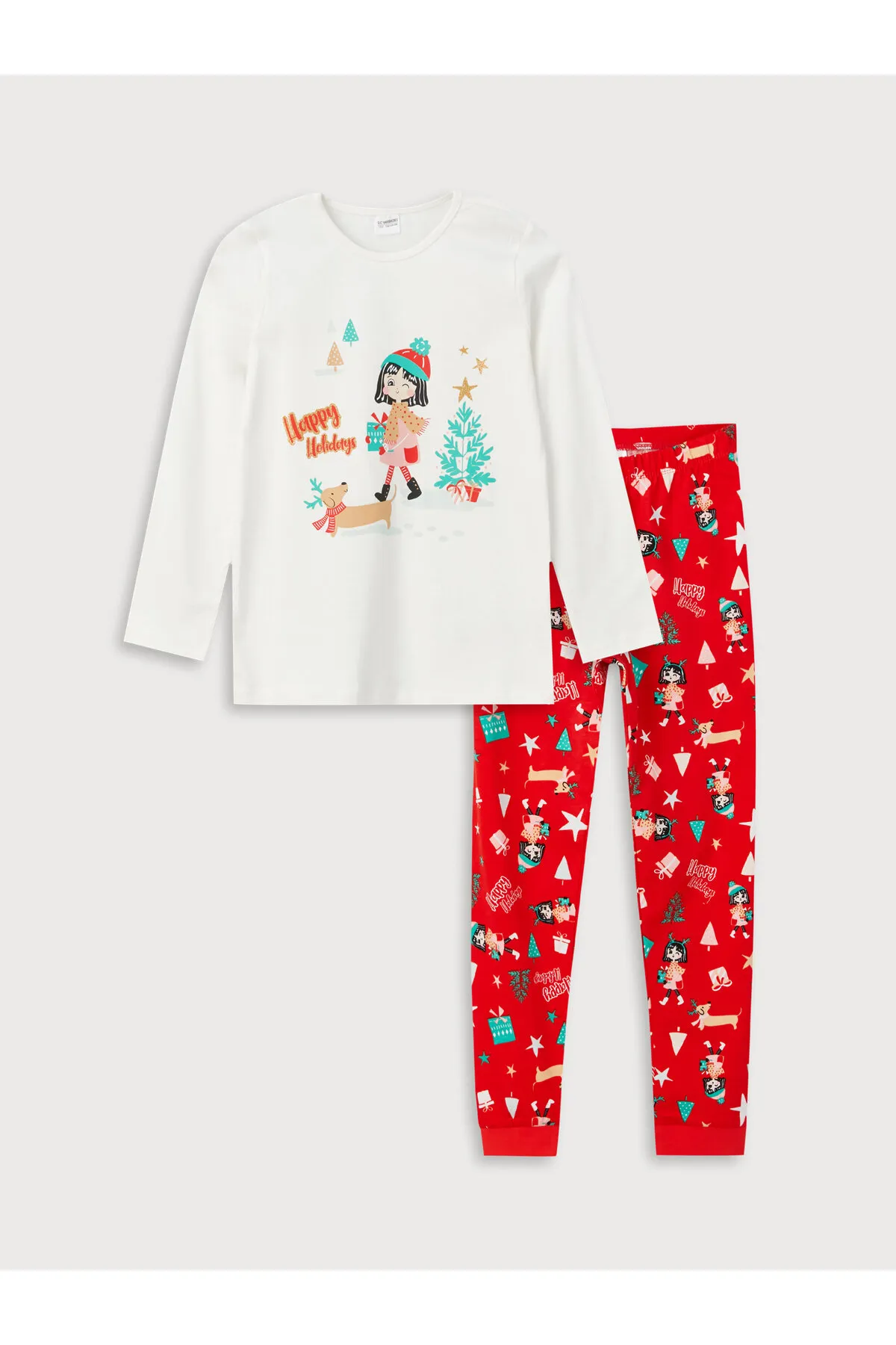 LC Waikiki  Langarm-Pyjama-Set für Mädchen mit Rundhalsausschnitt und Neujahrsmotiv