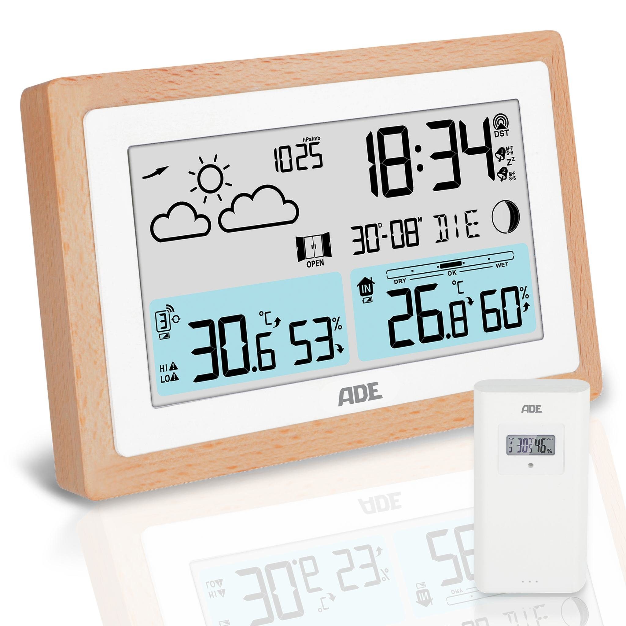 ADE Digitale Wetterstation Funk mit Außensensor und Vorhersage Funkwetterstation (Rahmen aus Vollholz, mit Barometer und Funkwecker, Beleuchtung)