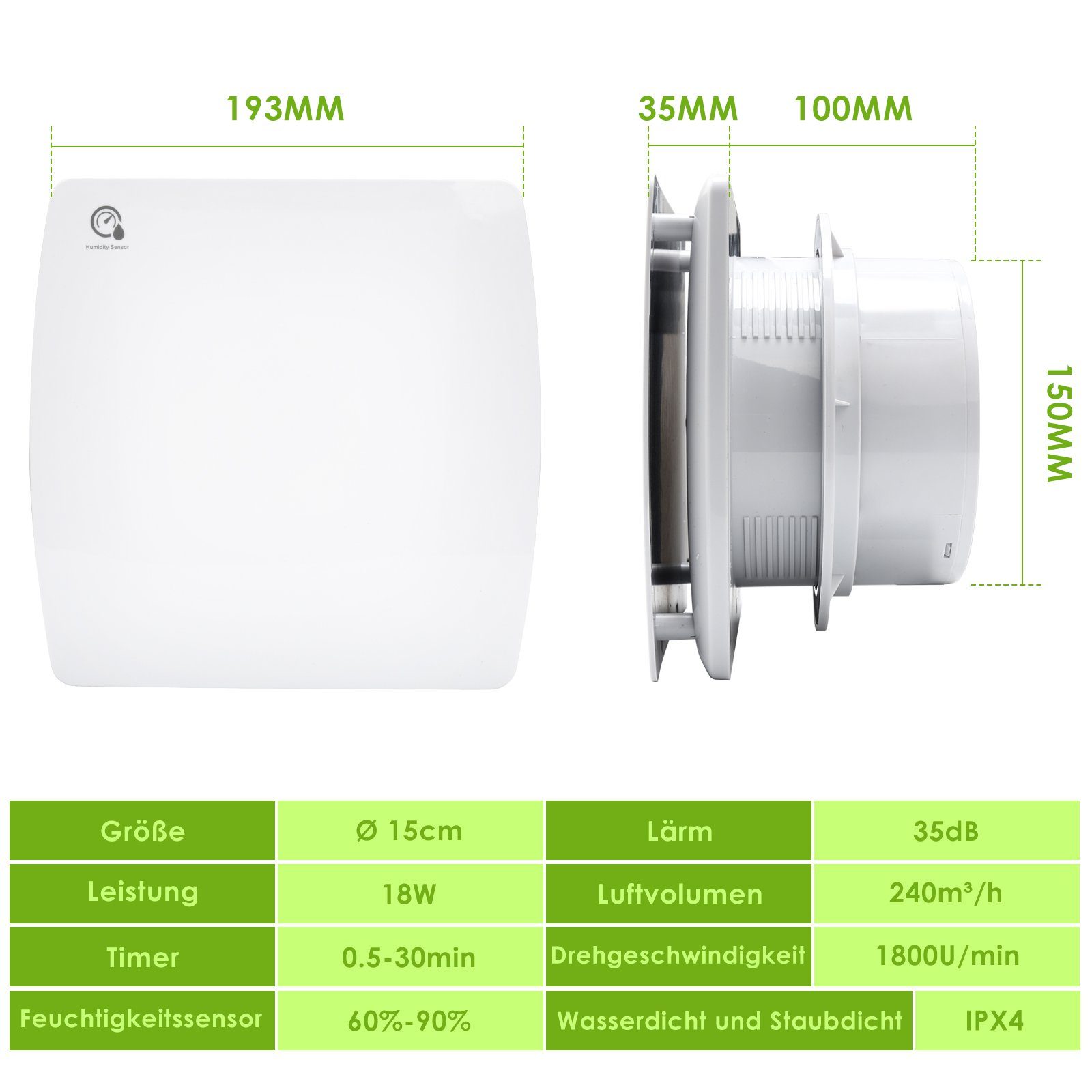 Lospitch Wandventilator Badlüfter mit Feuchtsensor und Nachlauf und Timer 10/15cm