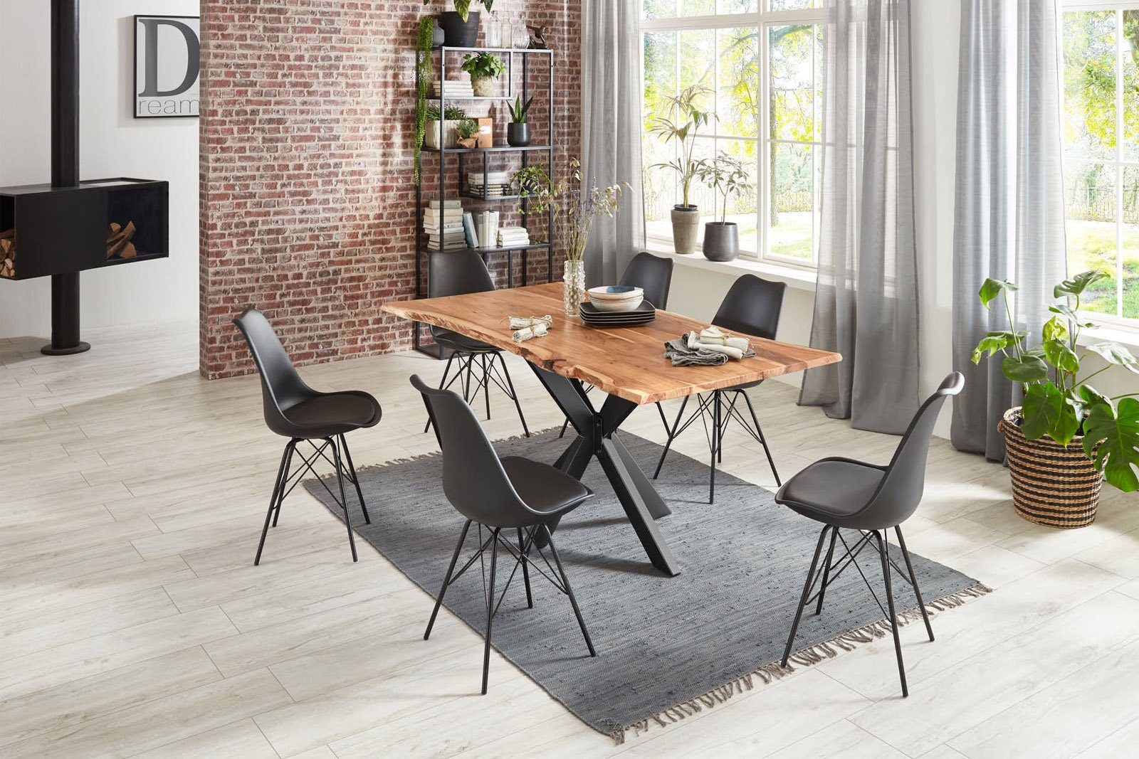 SAM® Essgruppe Harbor, Akazienholz, Baumkante massiv, Metallgestell Spider-Form + 6 Stühle