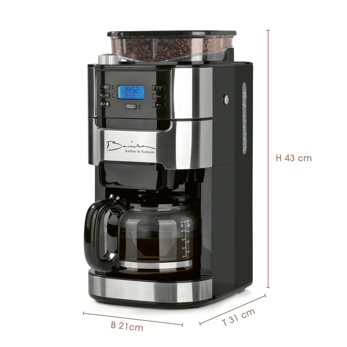 Barista Kaffeemaschine mit Mahlwerk inkl. Glaskanne 12 Tassen für Bohnen & Pulver, 1.5l Kaffeekanne, 900W Edelstahl/Schwarz