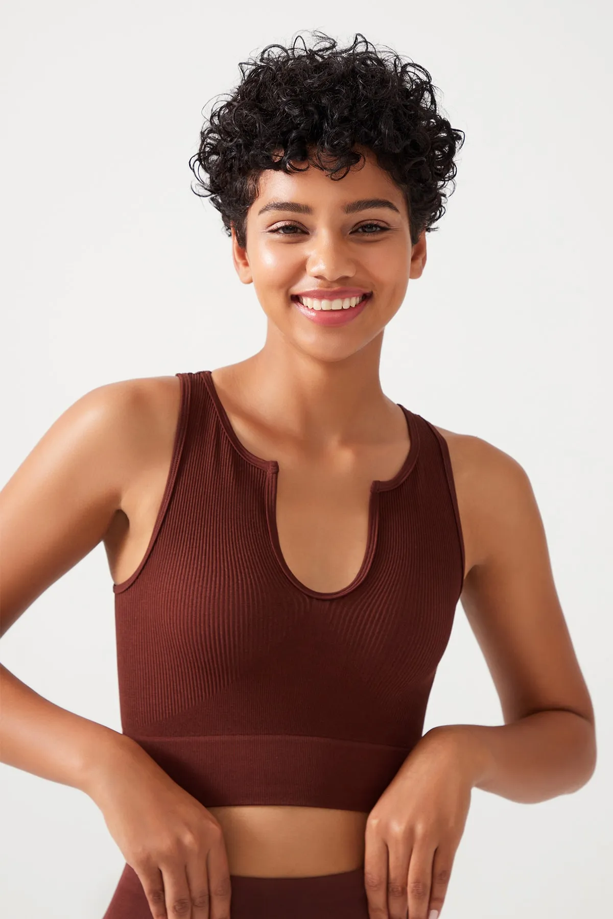 LOS OJOS  Braunes, geripptes, bauchfreies Bustier-Top mit U-Ausschnitt für Damen