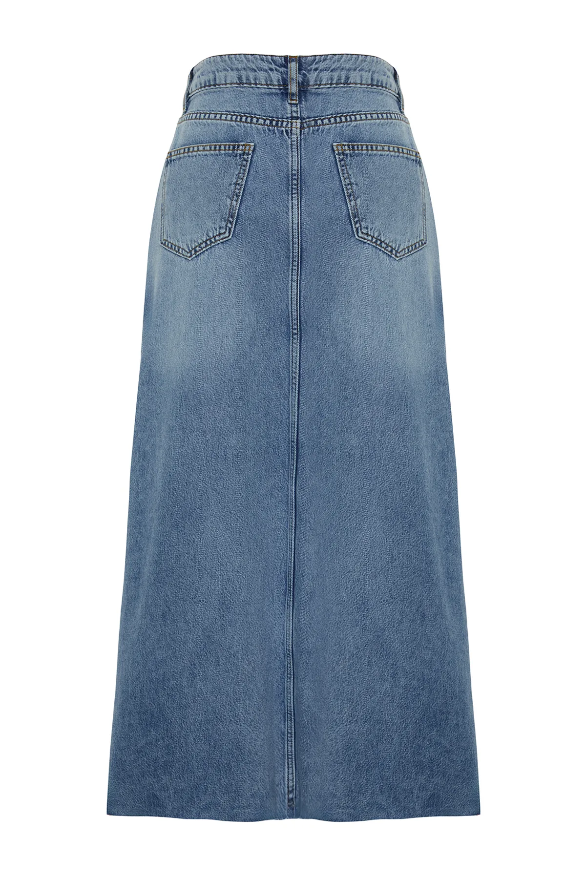 Trendyol Collection  Blauer Volant-Näh-detaillierter Maxi-Jeansrock mit hoher Taille TWOSS24ET00012