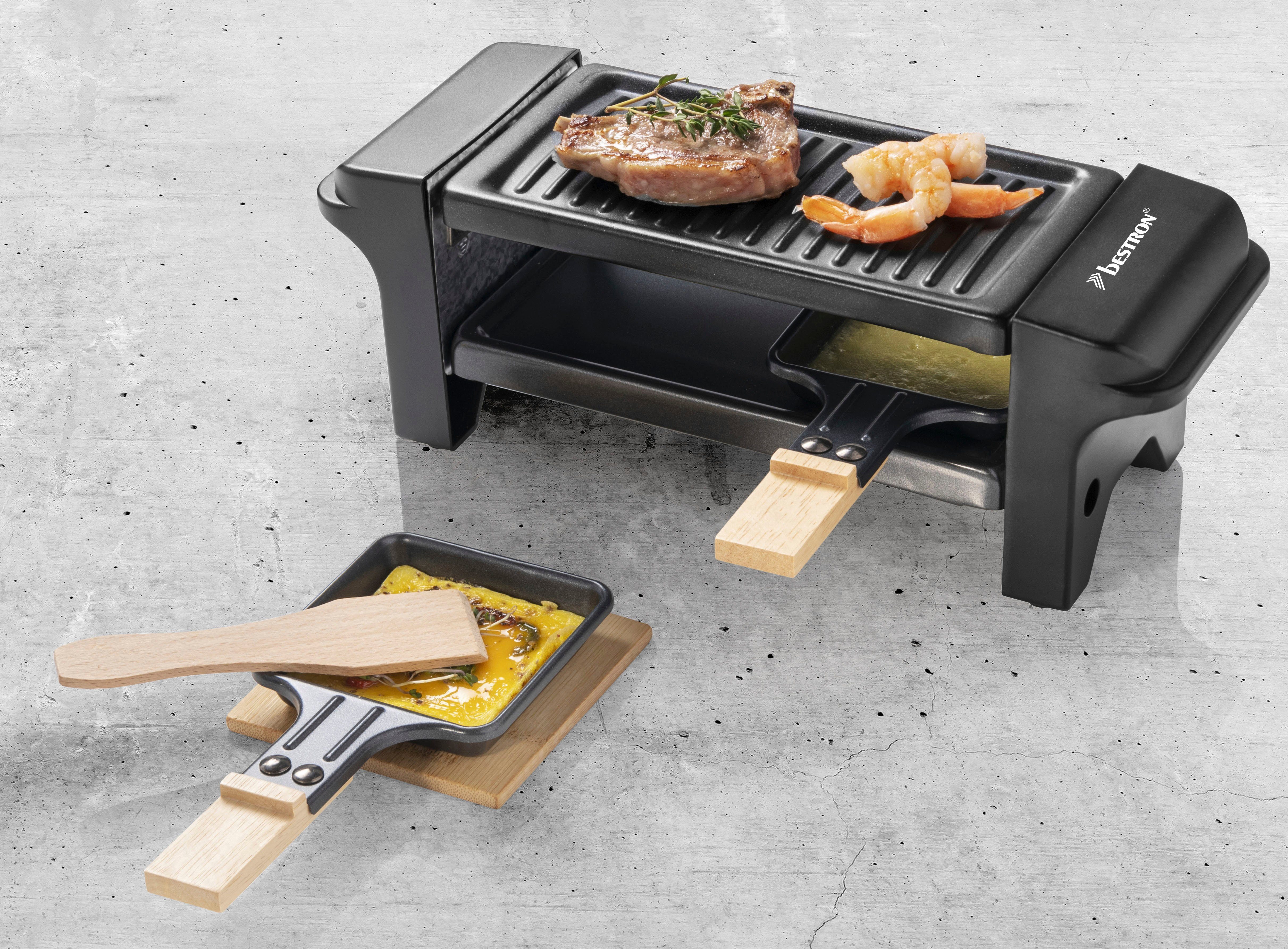 bestron Raclette Mini Tischgrill, 2 Raclettepfännchen, 350 W, für 1 bis 2 Personen, mit zwei Holzschabern & zwei Untersetzern