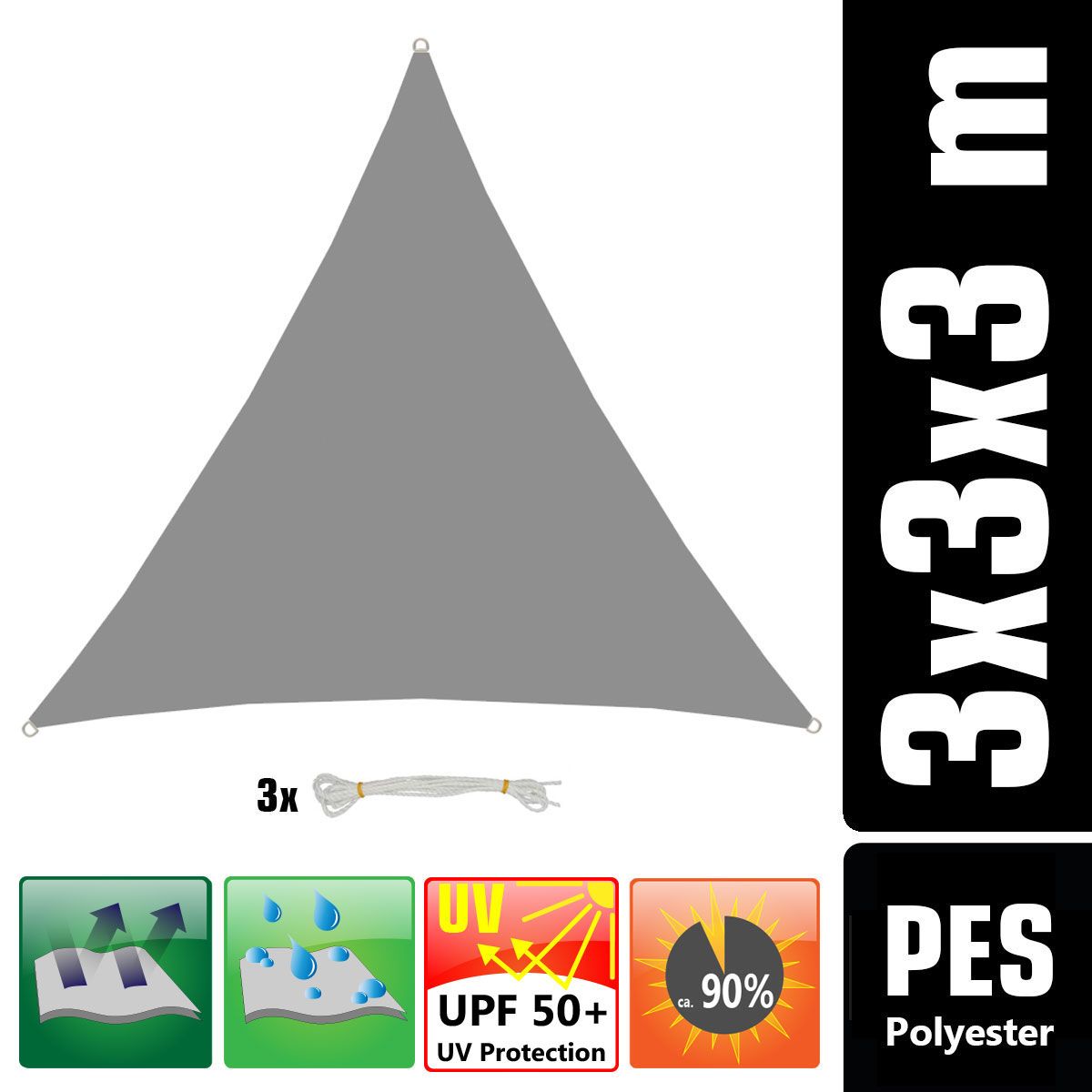 AMANKA 3 x 3 x 3 Wasserdichtes Sonnensegel mit Befestigung