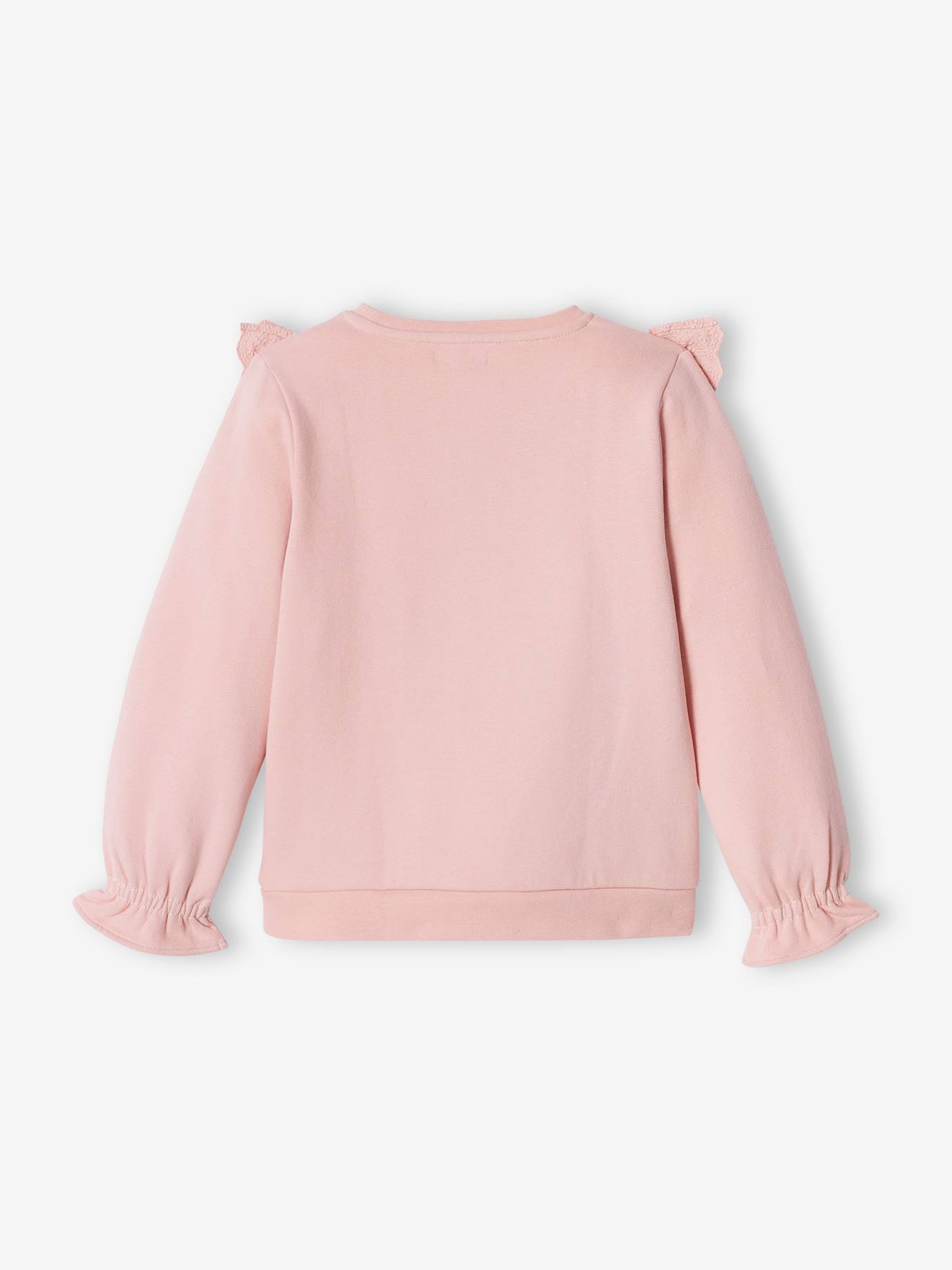 Sweat à volants brodés fleurs fille rose poudré