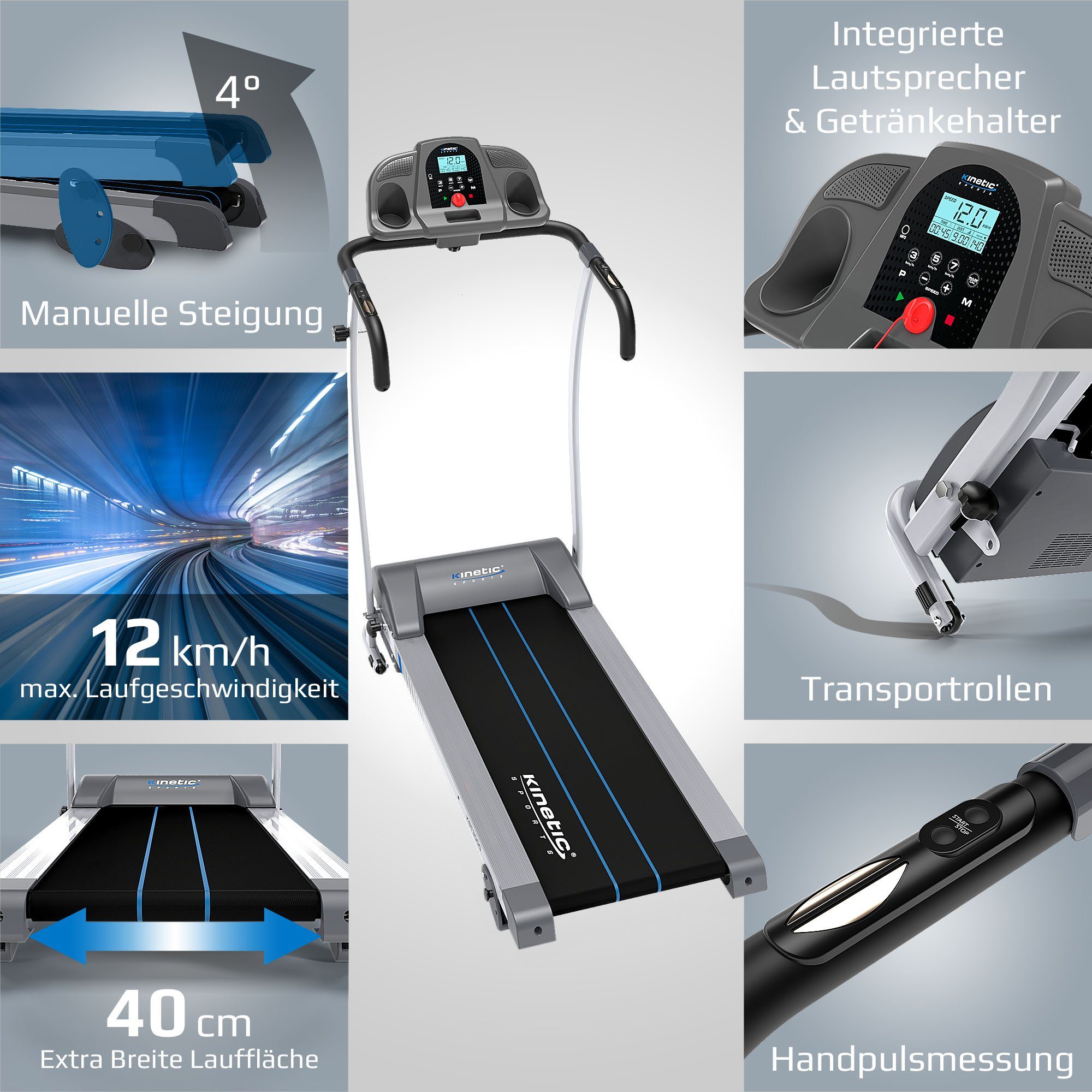 Kinetic Sports Laufband KST3000, klappbar mit LCD Display, 1100 W Motor, 1- 12 km/h