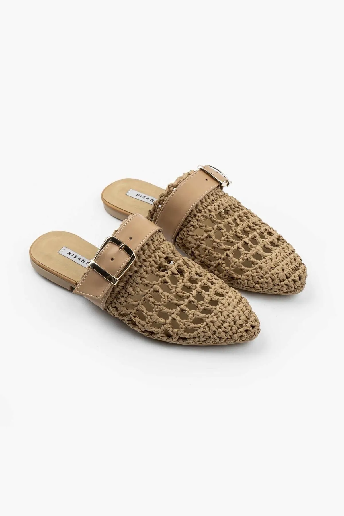 NİŞANTAŞI SHOES  Beste braune gestrickte Damenhausschuhe mit Gürteldetail und flacher Sohle