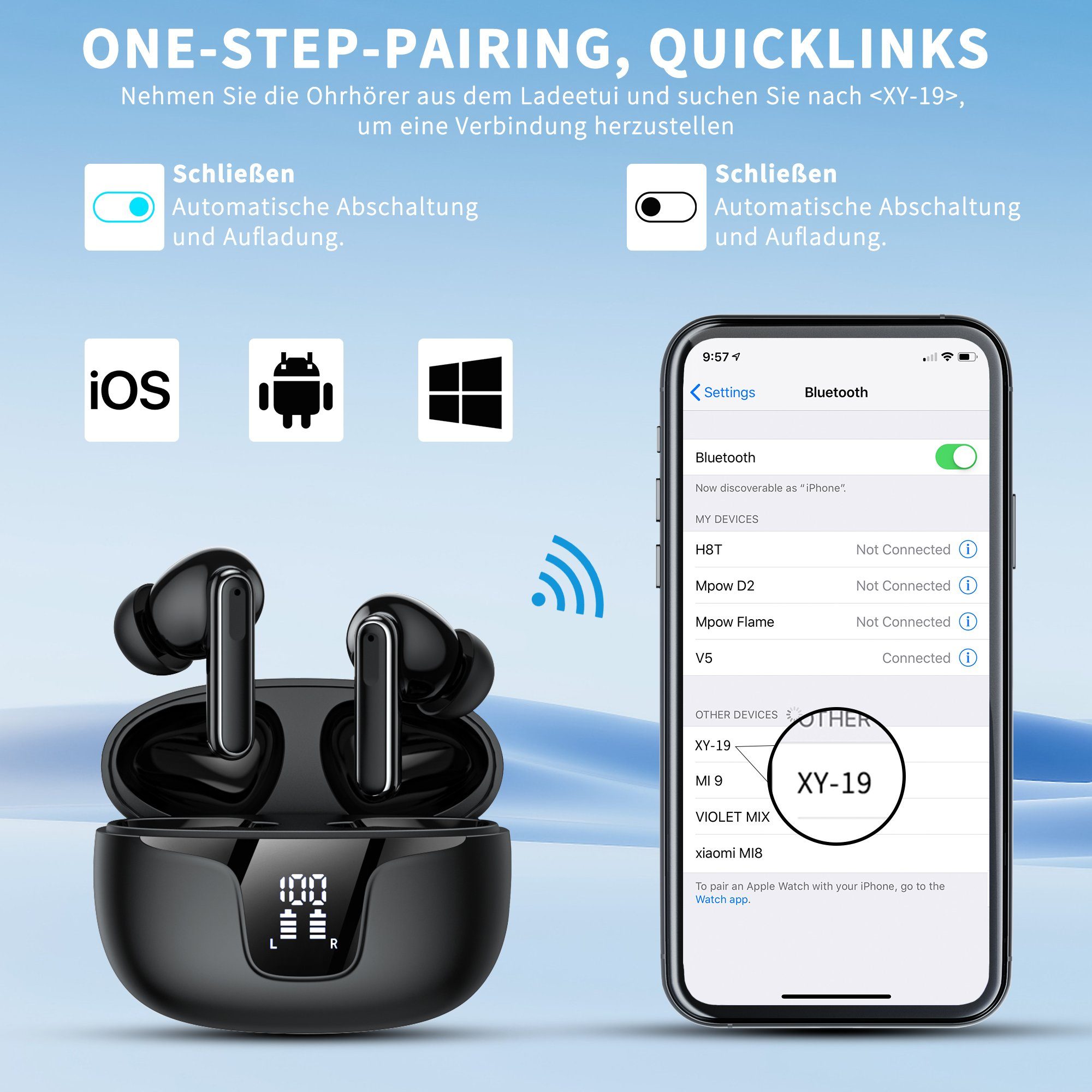 Giecy Bluetooth Kopfhörer, Mikrofon in ear Kopfhörer Kabellos Bluetooth 5.3 In-Ear-Kopfhörer (Voice Assistant, Siri, Bluetooth, Rauschunterdrückung, Touch Control, ENC Mikrofon, LED Anzeige kopfhörer, Wireless Headphones, Ohrhörer Bluetooth)