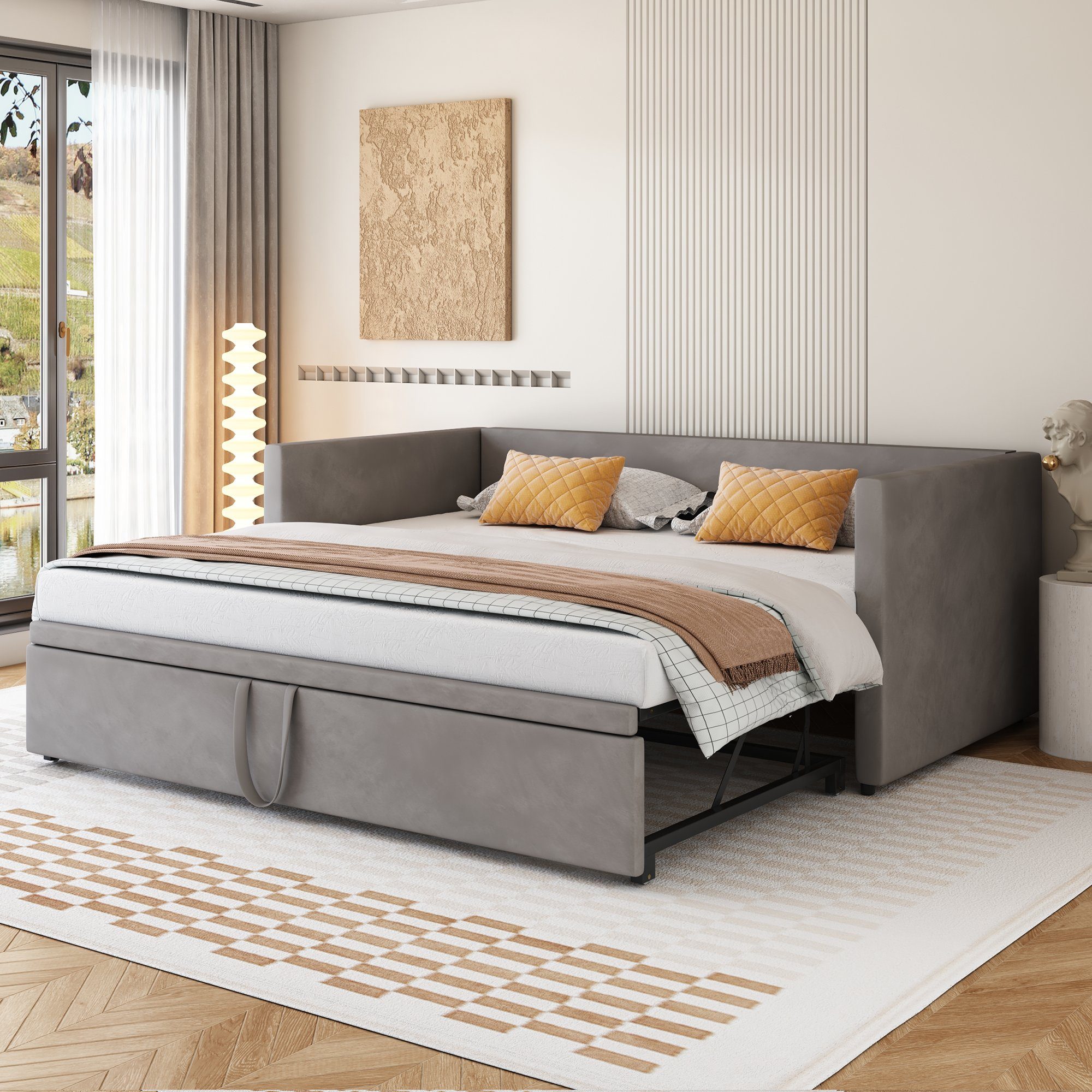 OKWISH Bett Polsterbett Ausziehbares Schlafsofa, 90/180*200 cm (aus hautfreundlichem Samtstoff, mit Lattenrosten), Ohne Matratze