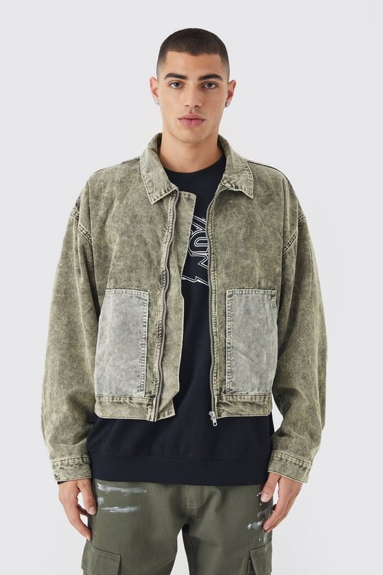 Kastige Colorblock Cord-Jacke mit Acid-Waschung