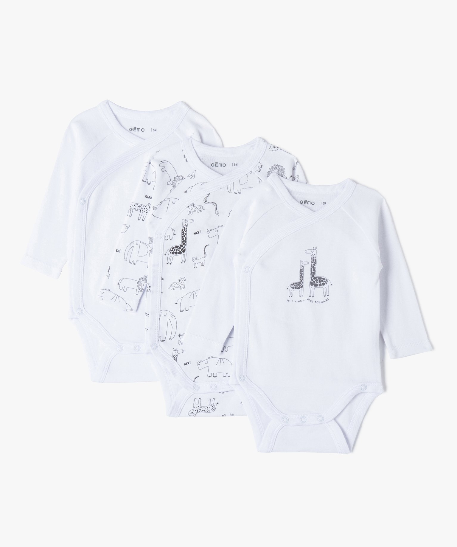 Body bébé à manches longues fermeture croisée (lot de 3) blanc | GEMO