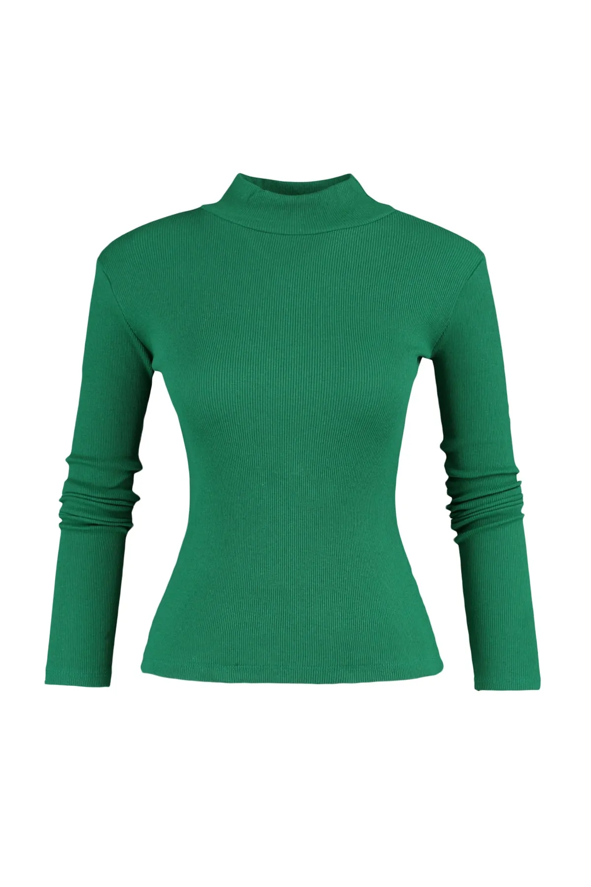 Trendyol Collection  Smaragdgrüne, eng anliegende, langärmelige, gerippte, dehnbare Strickbluse mit hohem Kragen TWOAW21BZ0423