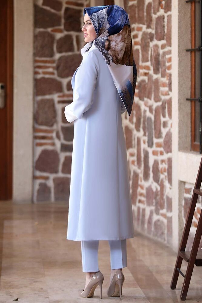 Modavitrini Anzug 3-teilig Damen Tunika Anzug Dreiteiler Sakko Longtunika mit Hose Hijab Mode (Set, Sakko & Bluse & Hose) Armdetail