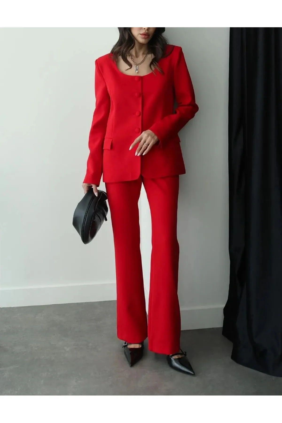 My Blog  Rotes Premium-Jacken-Hose-Set mit rundem Kragen