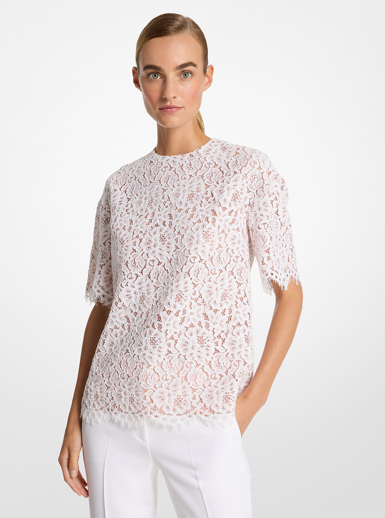 Overdimensjonert T-skjorte med blonder og blomsterprint – OPTIC WHITE