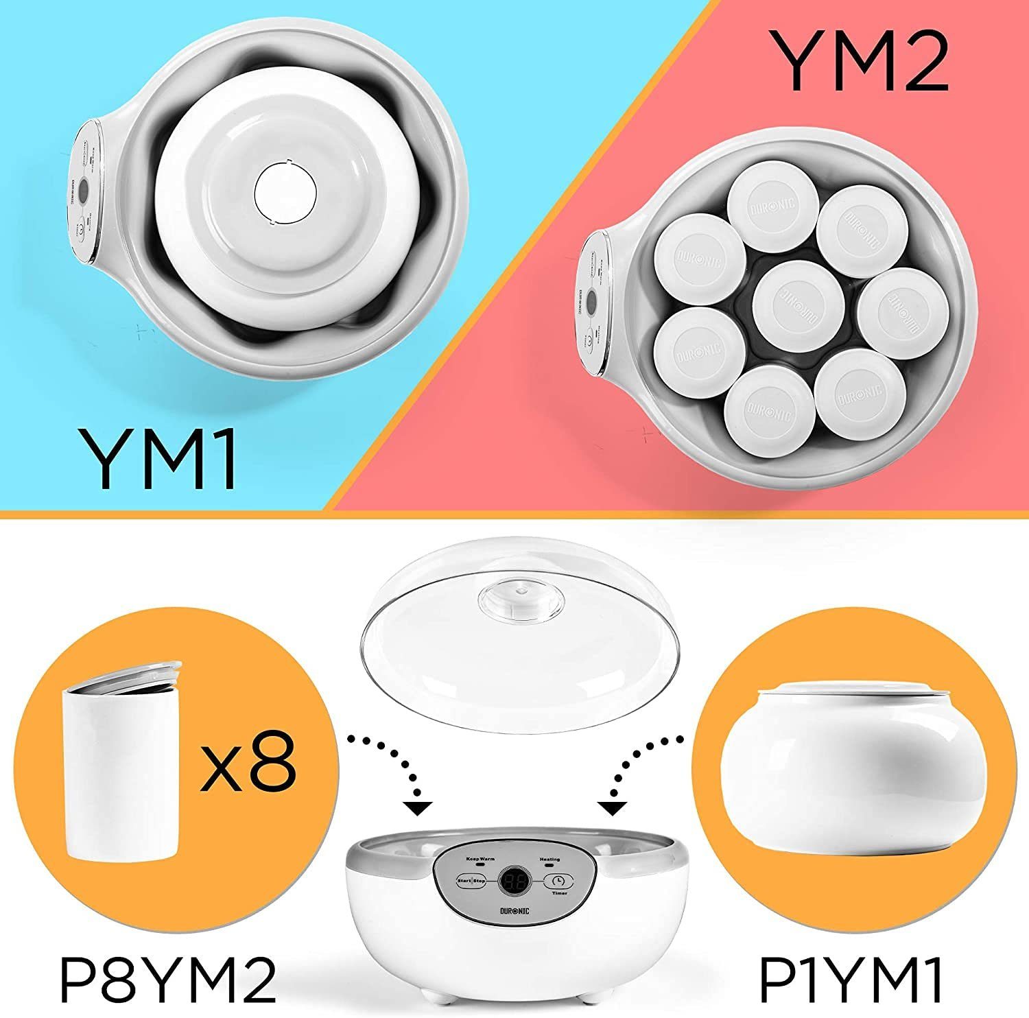 Duronic Joghurtgläser, P8YM2 Joghurtbecher, Ersatzbecher für Joghurtbereiter, Fassungsvermögen 125 ml, 8 Keramikbecher mit Deckel, Passend zu YM1 und YM2 Joghurtmaschinen, Weiß