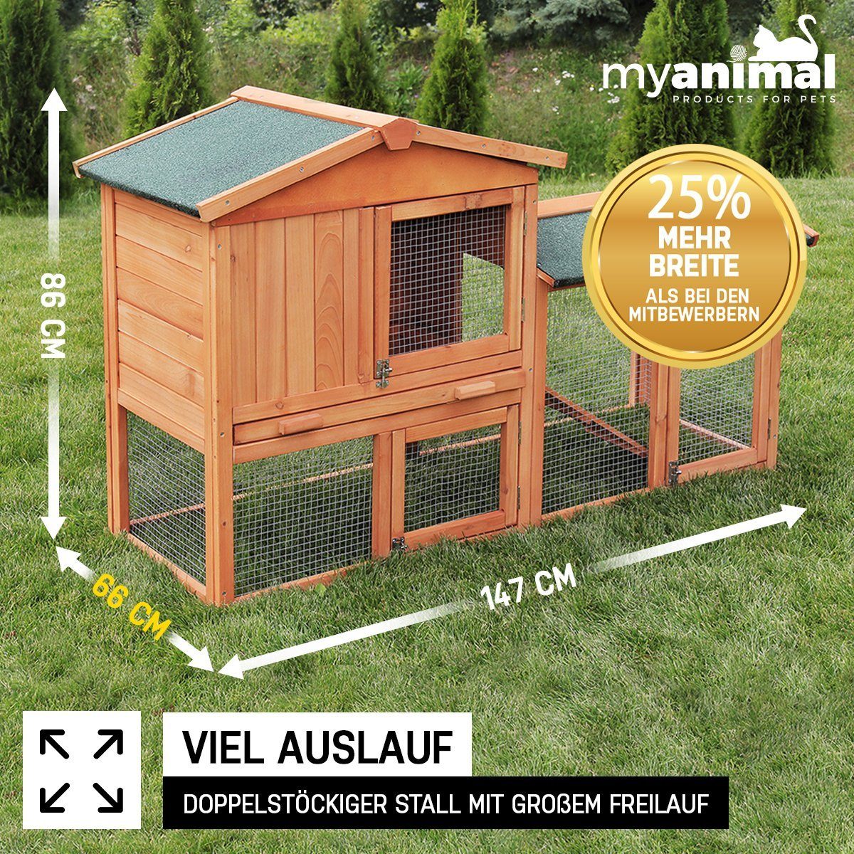 My Animal Kleintierstall XXL Outdoor Stall MH-03 - 2 Etagen inkl. Freilaufgehege - Winterfest, Kaninchenstall Gehege Kleintierkäfig Hasenstall Meerschweinchen Käfig