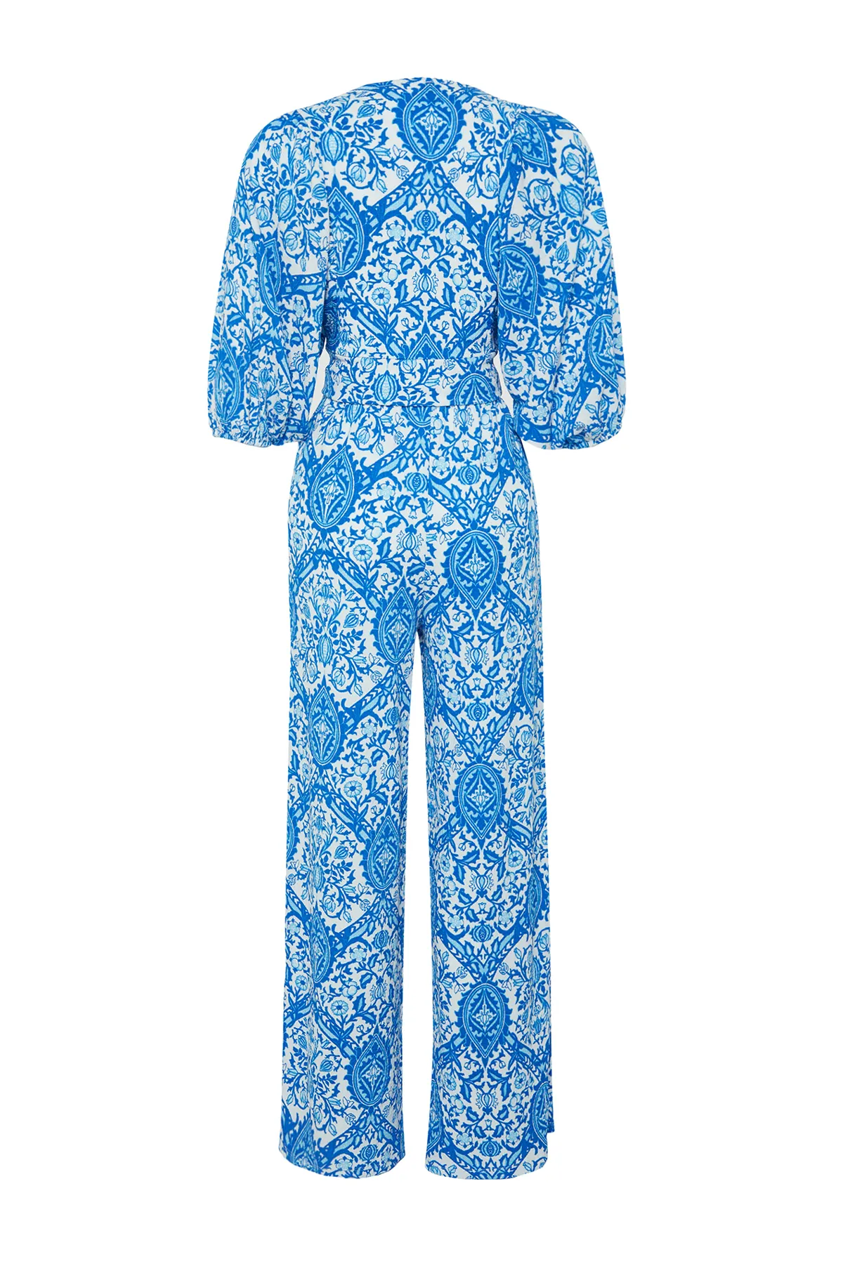 Trendyol Collection  Blau bedruckter V-Ausschnitt Ballonärmel Entspannter/bequemer Schnitt Strukturierter flexibler Strickanzug unten und oben TWOSS24AU00033