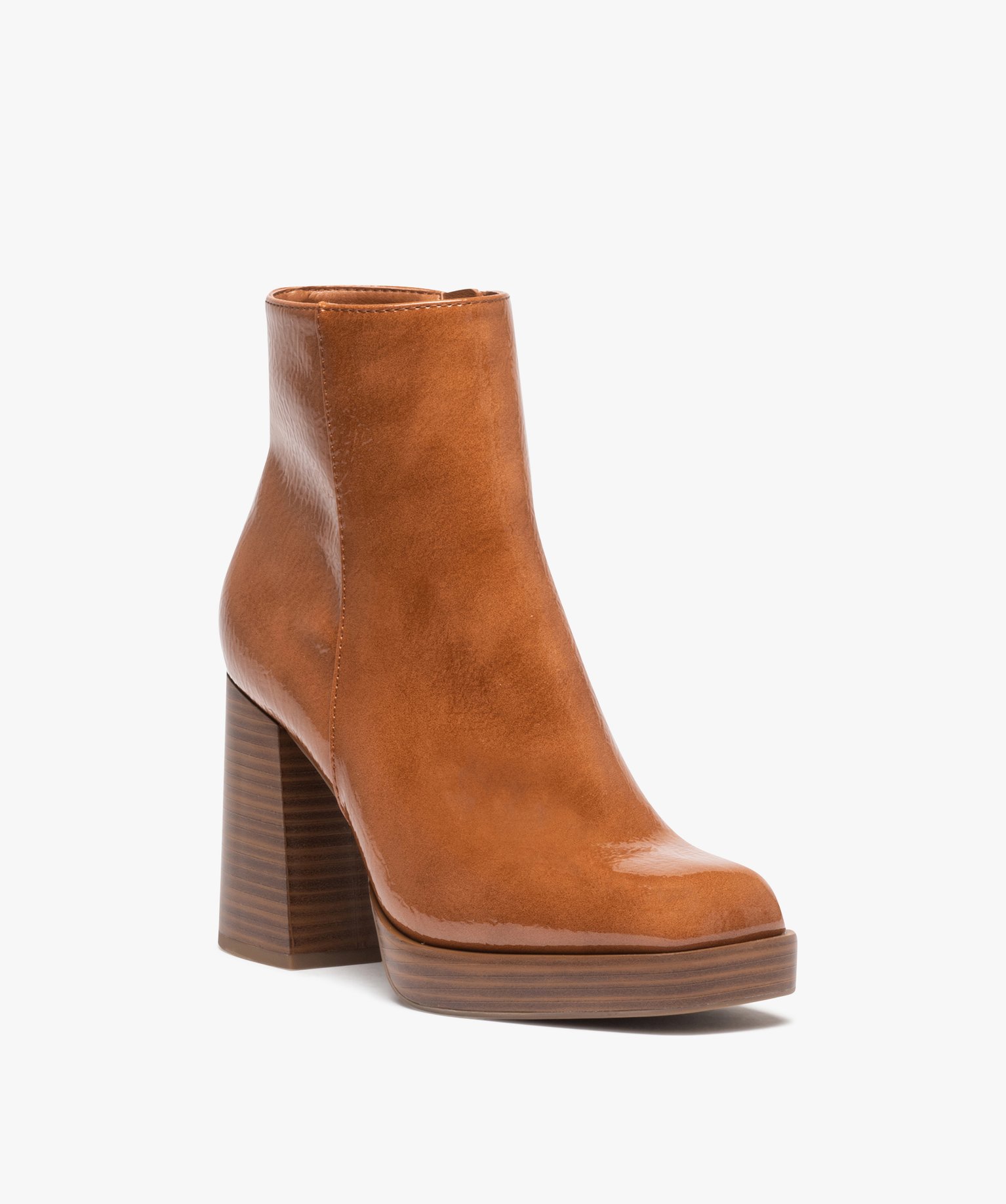 Boots femme vernies à talon haut avec bout carré camel | GEMO