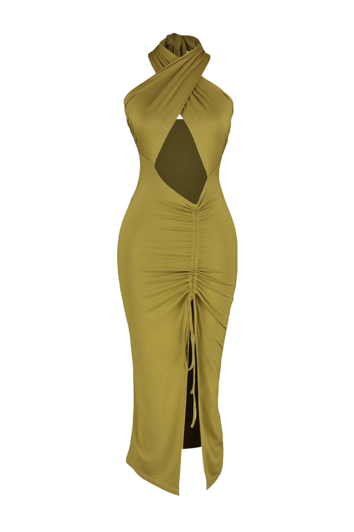 Trendyol Collection  Khakifarbenes, figurbetontes Maxi-Strandkleid mit Cut-out/Fensterausschnitt TBESS23EL00229