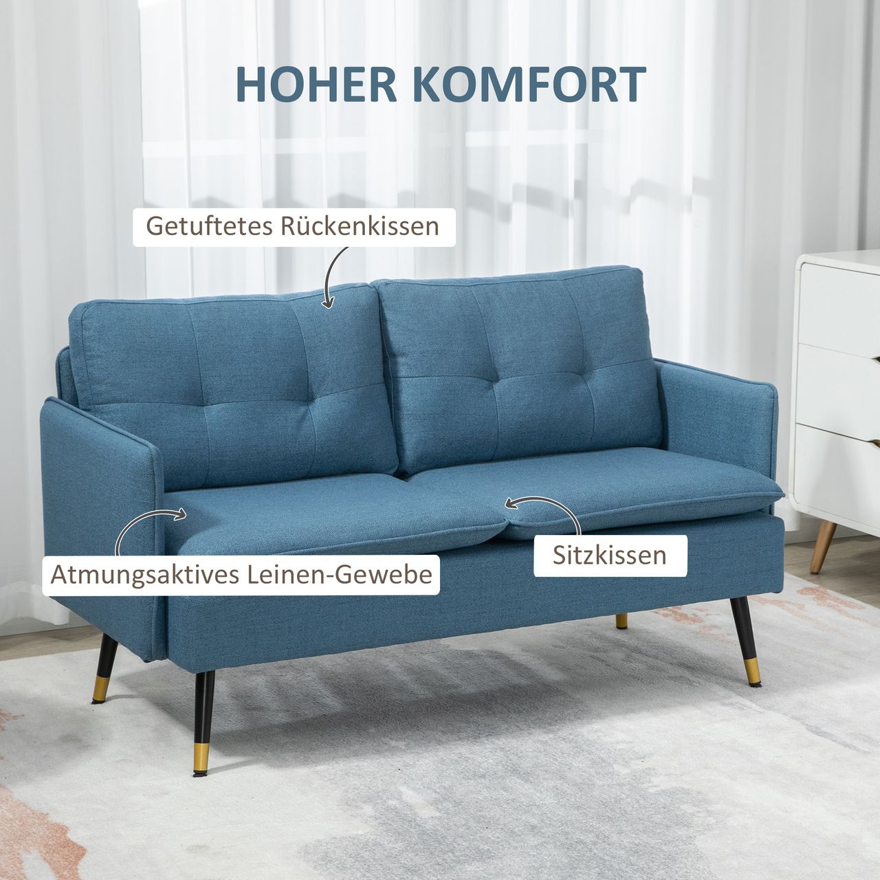 HOMCOM 2 Sitzer Sofa, Couch mit Dickem Kissen, Leinenoptik und Stahlbeine Blau