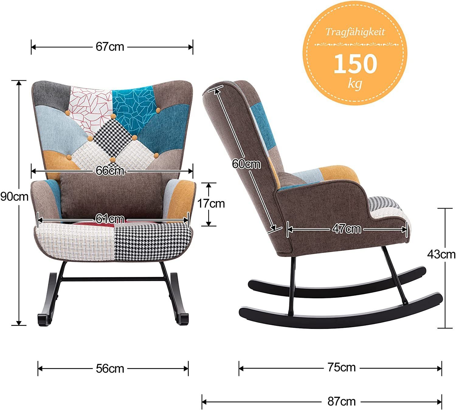 HomeMiYN Schaukelstuhl Schaukelstuhl Patchwork Sessel Schwingsessel Relaxstuhl Wohnzimmer, Relaxfunktion, das Baby zum Schlafen bringen