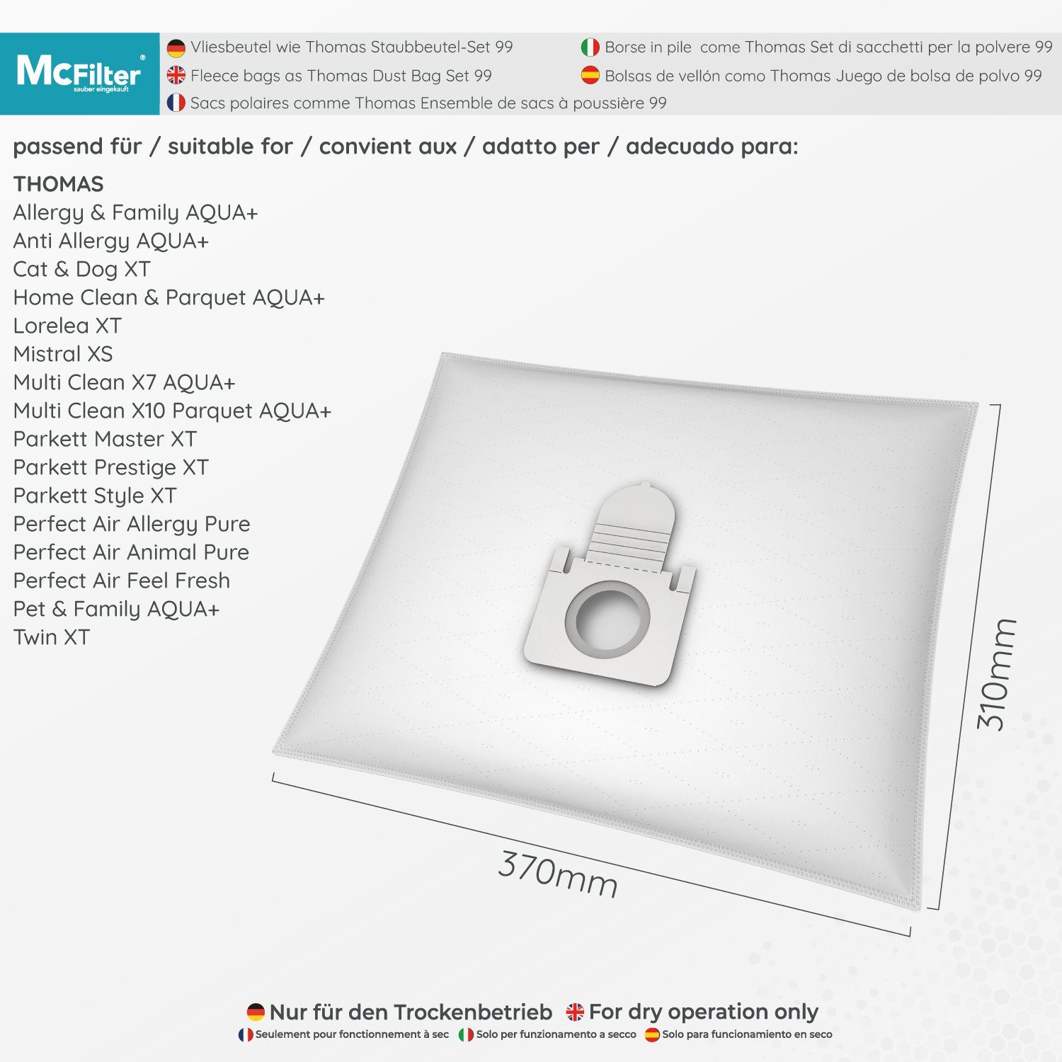 McFilter Staubsaugerbeutel 10 Stück + 5-teiliges Filterset, passend für Thomas Staubsauger Pet & Family AQUA+, Perfect Air, Parkett XT, Allergy & Family AQUA+, Anti Allergy AQUA+, Cat & Dog XT, Home Clean & Parquet AQUA+, 15 St., mit Hygieneverschlus