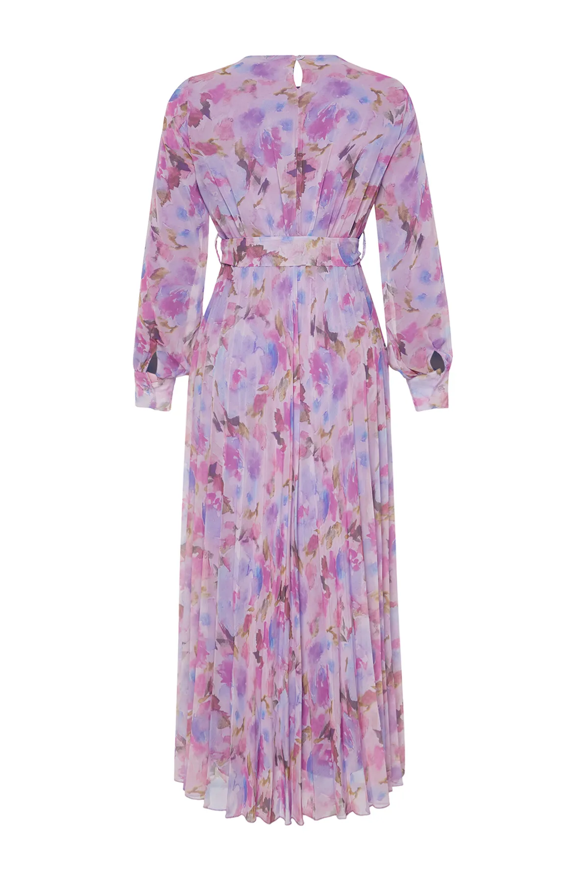 Trendyol Modest  Gewebtes Kleid aus plissiertem Chiffon mit rosafarbener Blumenschärpe und gefüttertem Detail TCTSS24EB00151