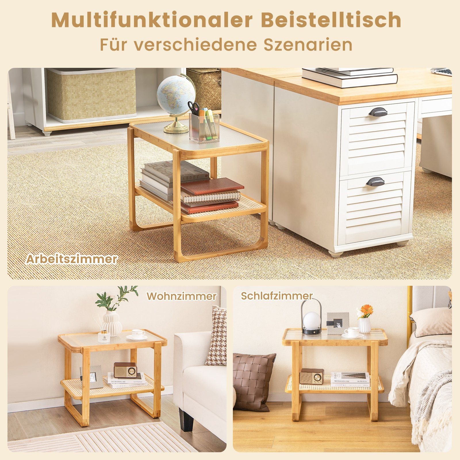 COSTWAY Beistelltisch, mit Glasplatte&Rattanablage, Bambus, 70,5x44,5x54,5cm