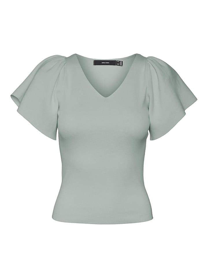 Vero Moda Geripptes Rüschen T-Shirt Kurzarm Strick Shirt VMGINNY in Mint günstig kaufen XS