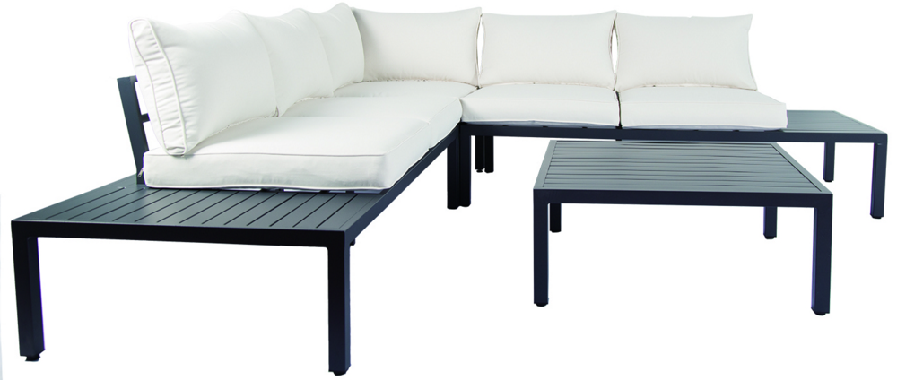 Never Indoor Aluminium Eckloungeset 14 tlg. mit Tischablage & Polsterkissen schwarz / creme