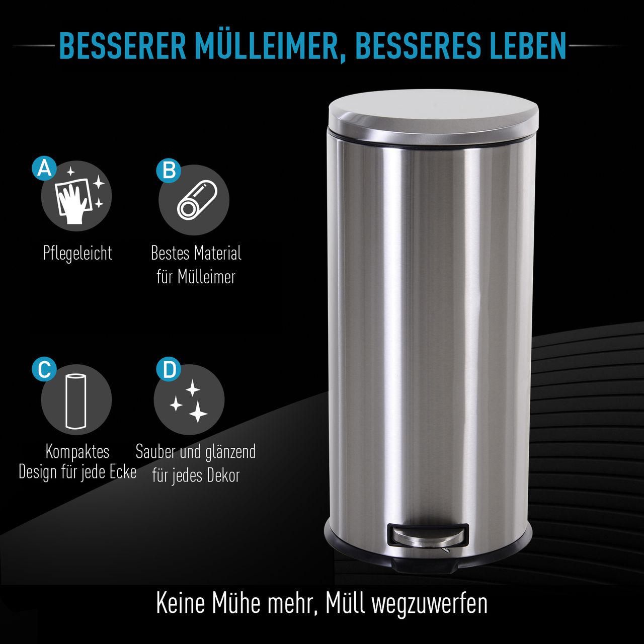 HOMCOM Abfalleimer Mülleimer Treteimer mit Inneneimer 30 L Soft Schließen Edelstahl PP Ø29,2 x H62,5 cm