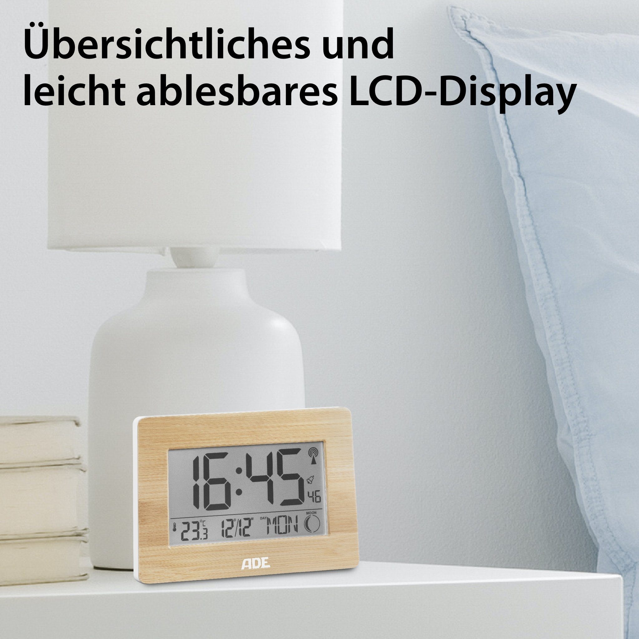 ADE Funktischuhr Digitale Tischuhr und Wanduhr mit großem Display Funkuhr aus Bambus mit Temperaturanzeige, digitaler Wecker, Kalender