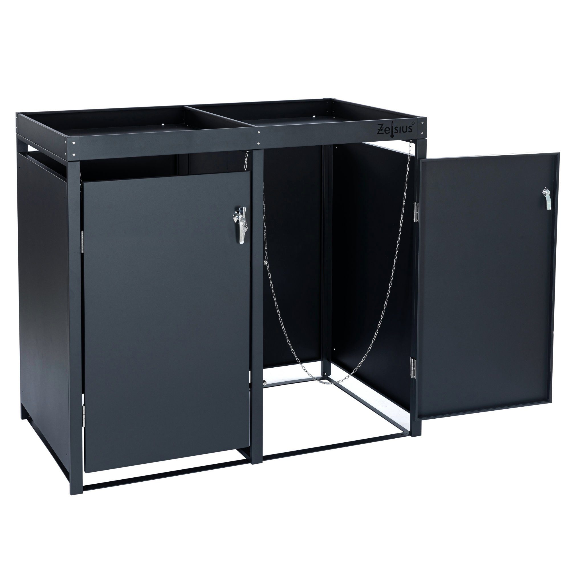 Zelsius Mülltonnenbox Mülltonnenbox mit Pflanzdach für vier 120 - 240 Liter Mülltonnen (2 Doppelboxen, 2 Doppelboxen), Abschließbare Tür
