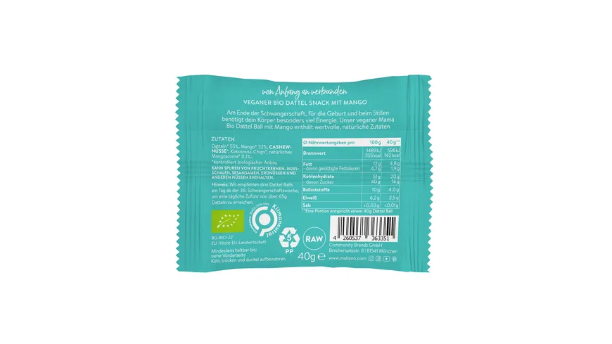 MABYEN Mama Bio Dattel Ball Kakao oder Mango 40 g