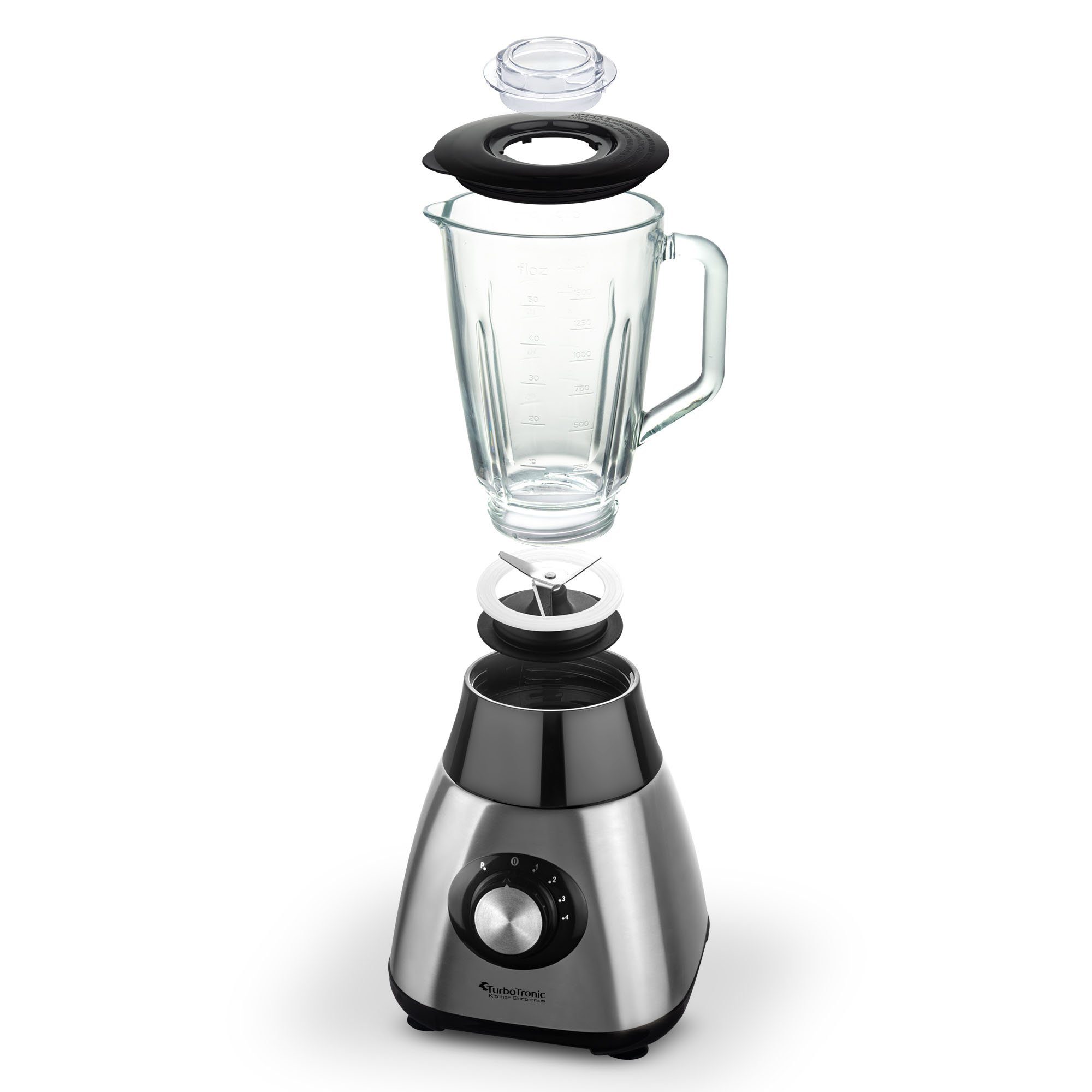 TurboTronic by Z-Line Standmixer BG5 - 1200 Watt mit 1,5L Glasbehälter, 1200 W, Edelstahl Glas Smoothie Mixer Maker Ice Crush Funktion Blender
