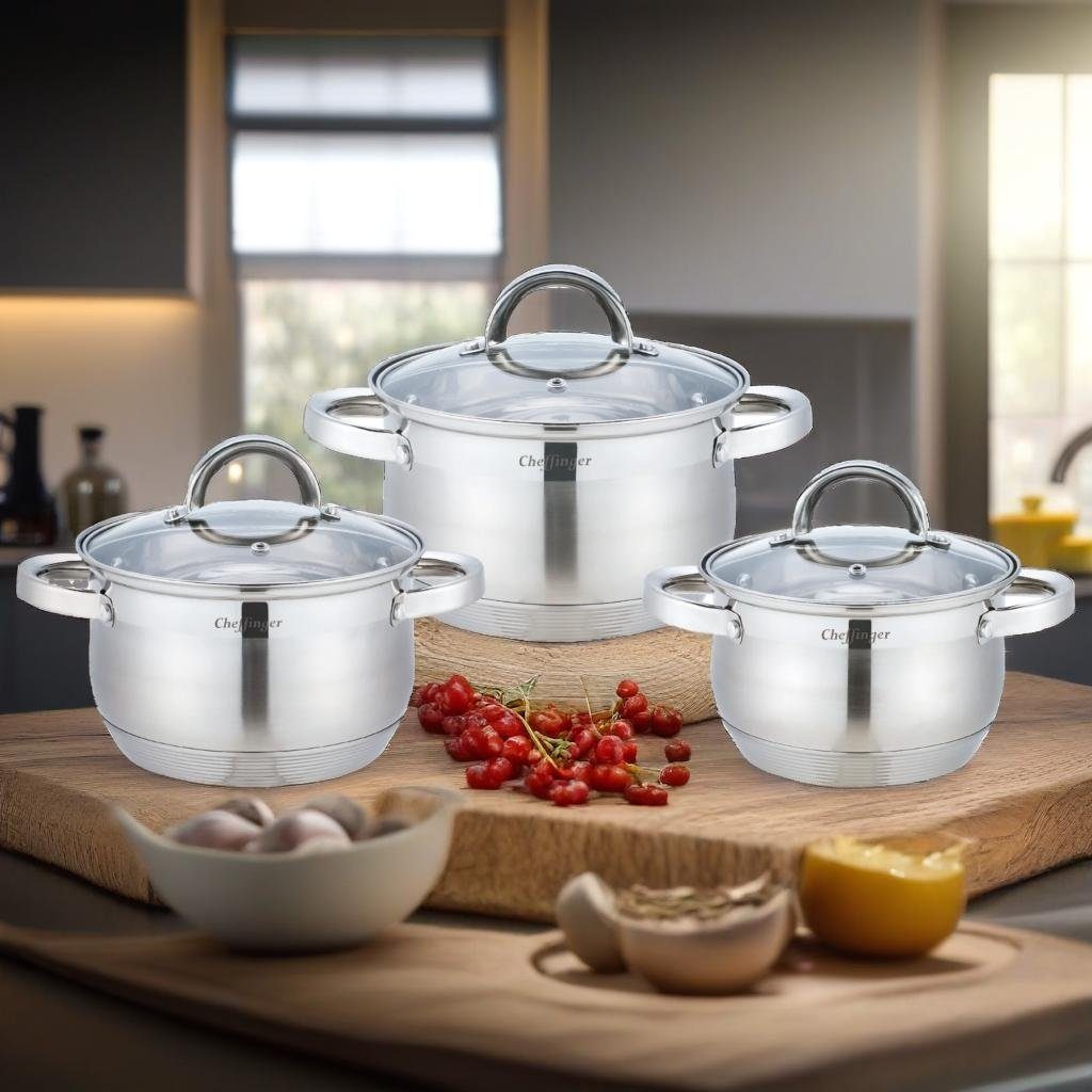 KESSMANN Topf-Set Edelstahl Induktion Topfset - 3 Töpfe mit 3 Deckel Inkl. Zubehör, Edelstahl 18/10 (Set, 11-tlg., 1 Pfannenwender + 3 Kork-Untersetzer + 1 Holzlöffel Antihaft rostfrei), Induktionsherd Kochtopf Schmor Topf Brattopf Bräter Pfanne Supp