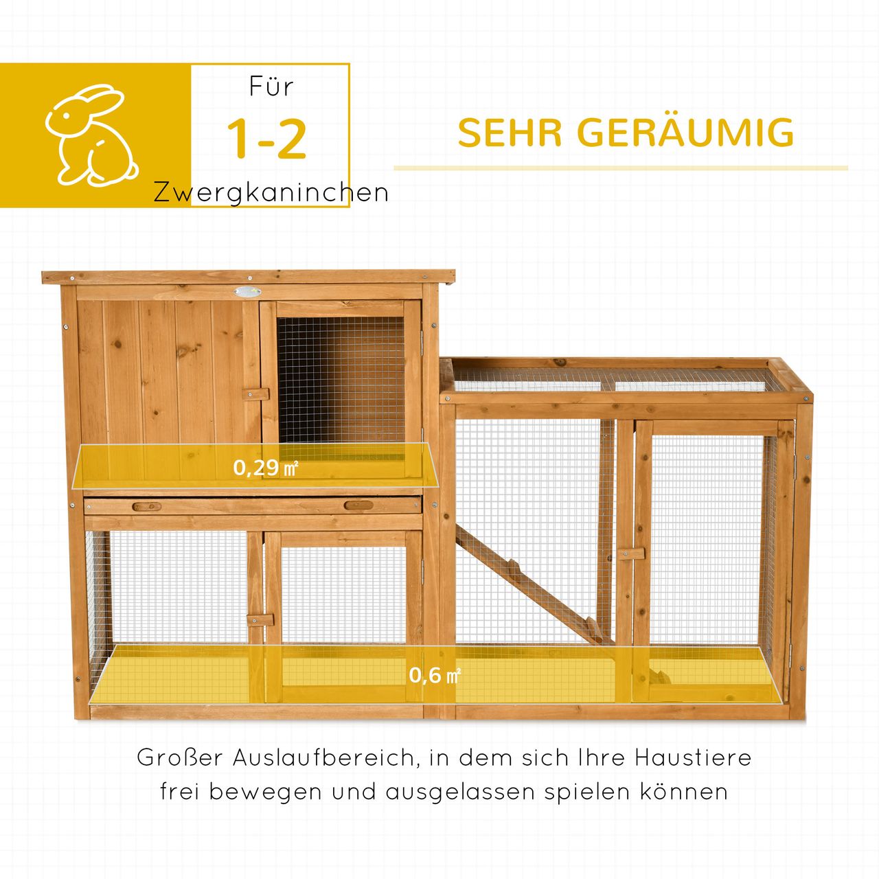 PawHut Kaninchenstall Kleintierstall mit herausnehmbarer Bodenwanne und Rampe Kleintierhaus Kleintierkäfig Outdoor Indoor Tannenholz Orange 141 x 60 x 86 cm