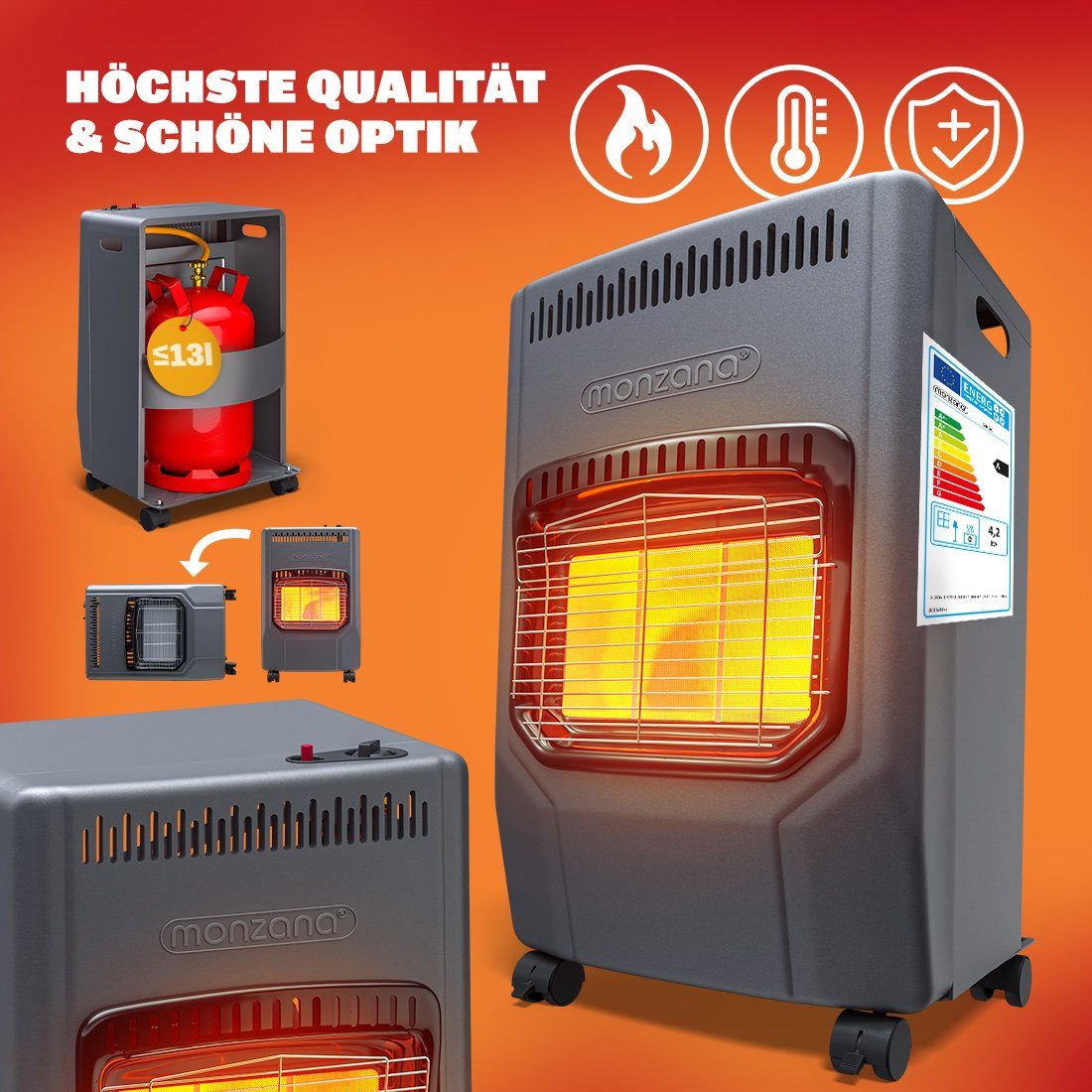 monzana Heizlüfter, Gasheizung 4200W Gasofen 3 Heizstufen 50cm Gasschlauch Heizlüfter