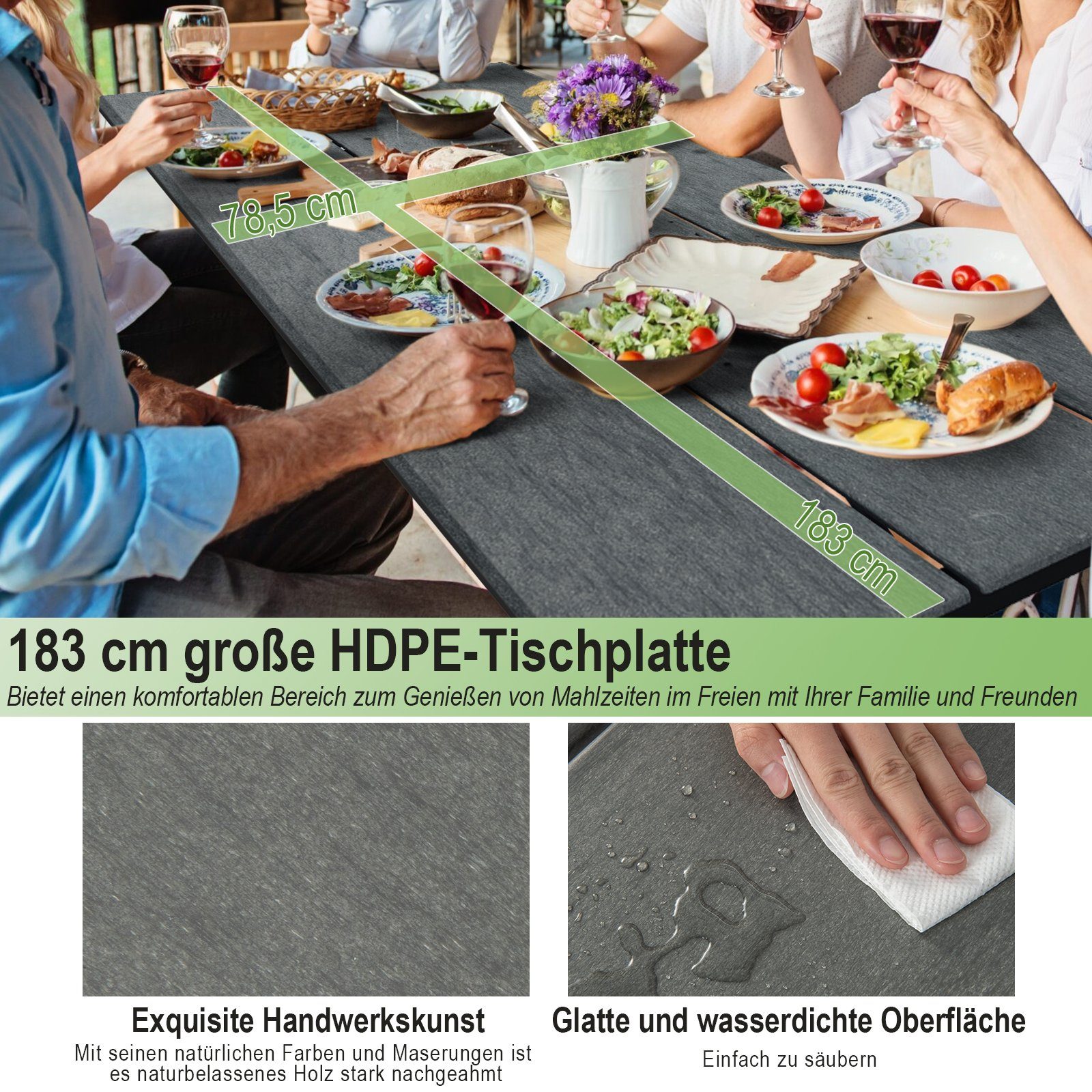 COSTWAY Bierzeltgarnitur 1 Biertisch & 2 Bänke, (3-tlg), mit 183 x 78,5 cm Tischplatte