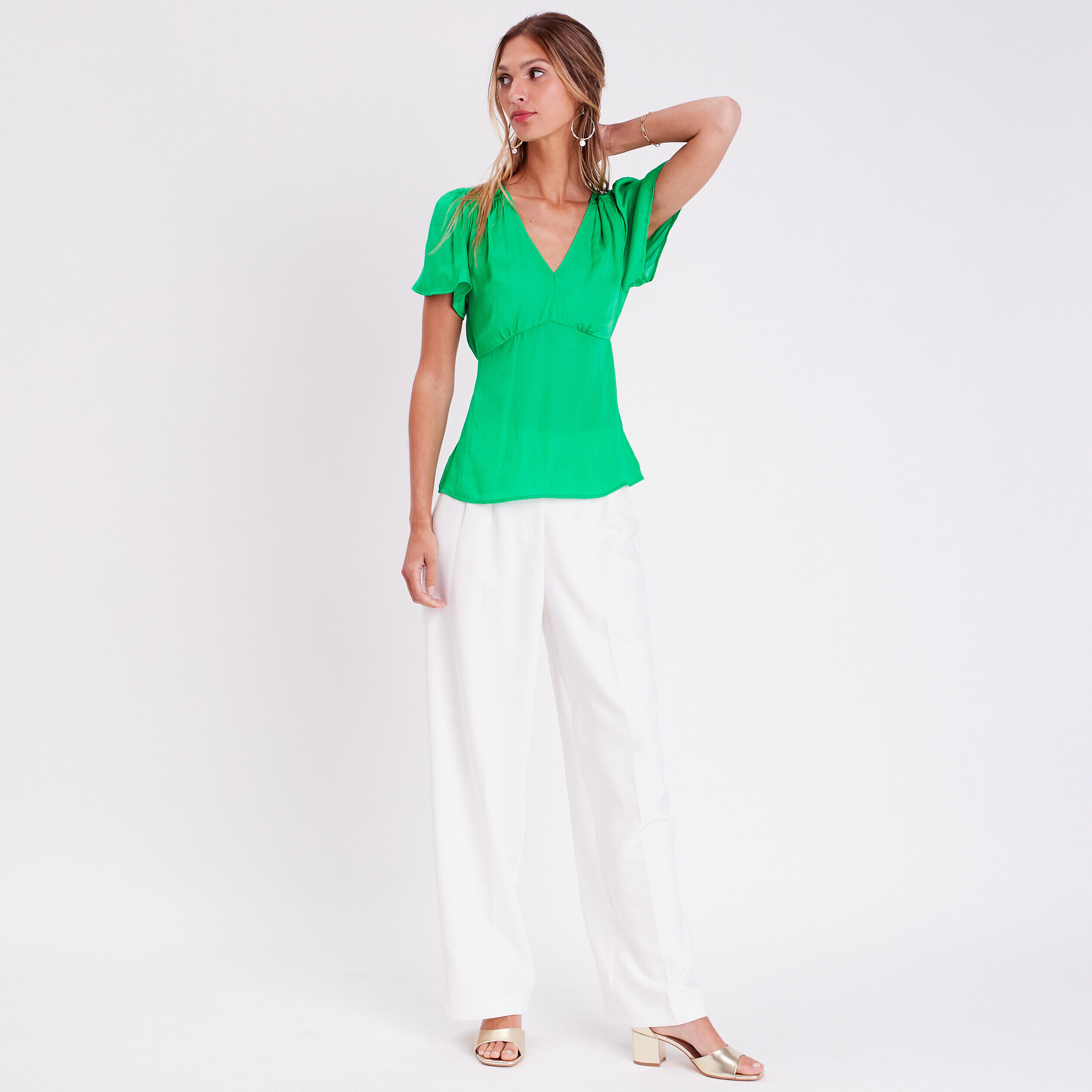 Blouse manches courtes satin vert femme | Cache Cache
