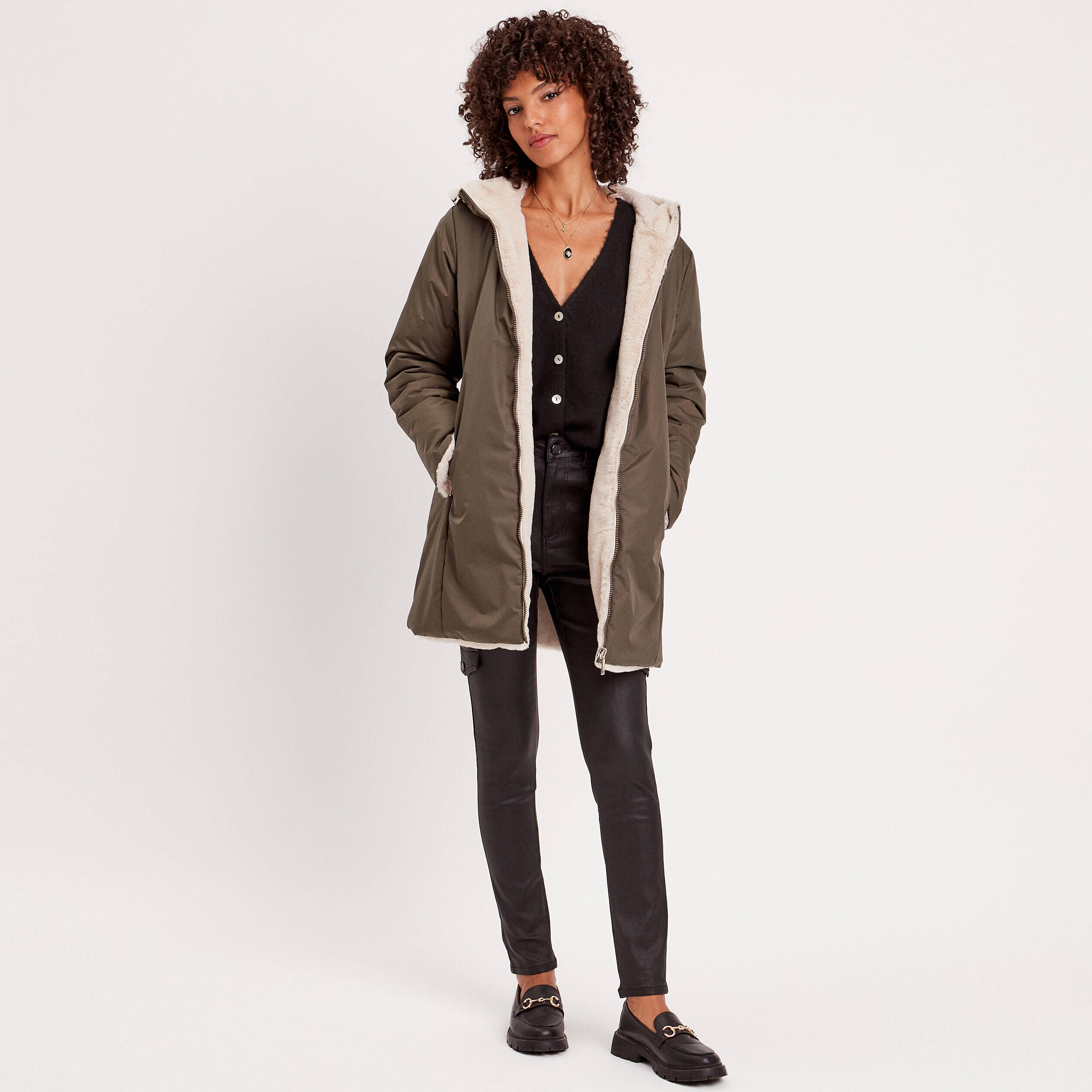 Parka réversible à capuche vert kaki femme | Cache Cache