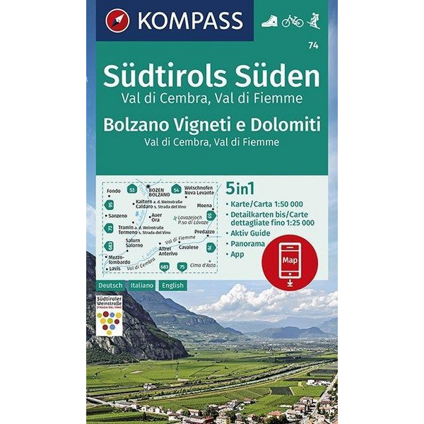 KOMPASS Wanderkarte Südtirols Süden, Bolzano Vigneti e Dolomiti, Val di Cembra, Val di Fiemme 1:50 000 - Wanderkarte