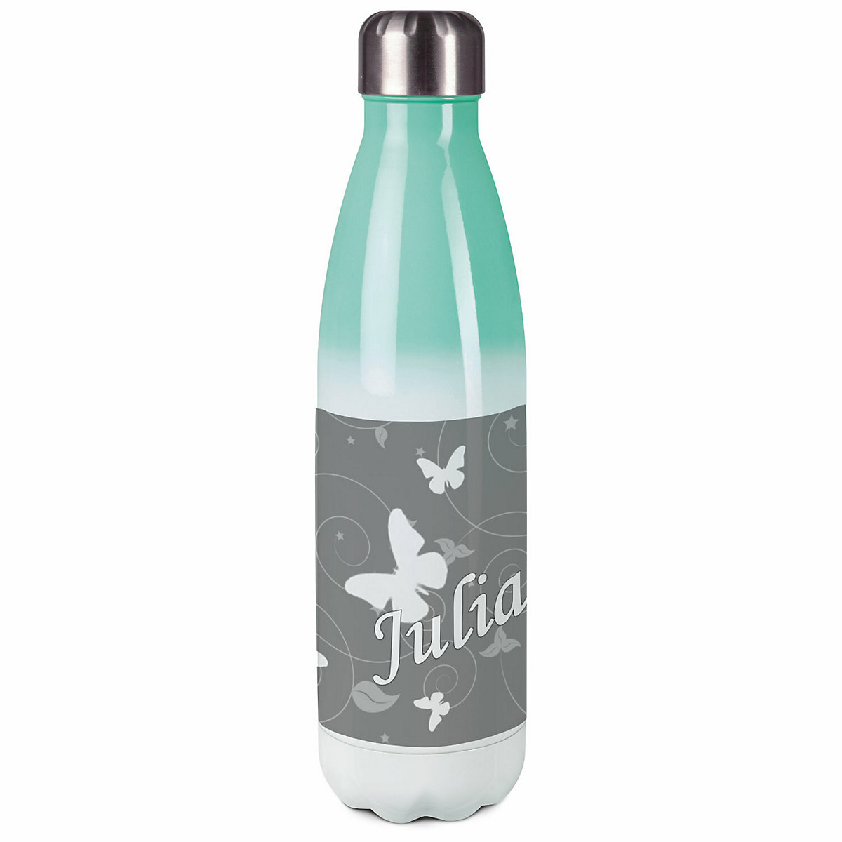 Edelstahl Kinder Thermoflasche / Trinkflasche bunt Schmetterling Ornamente Farbe grau Spülmaschinenfest, Auslaufsicher, Bruchfest, Doppelwandig, Für Heißgetränke geeignet, Mit Deckel, Isoliert