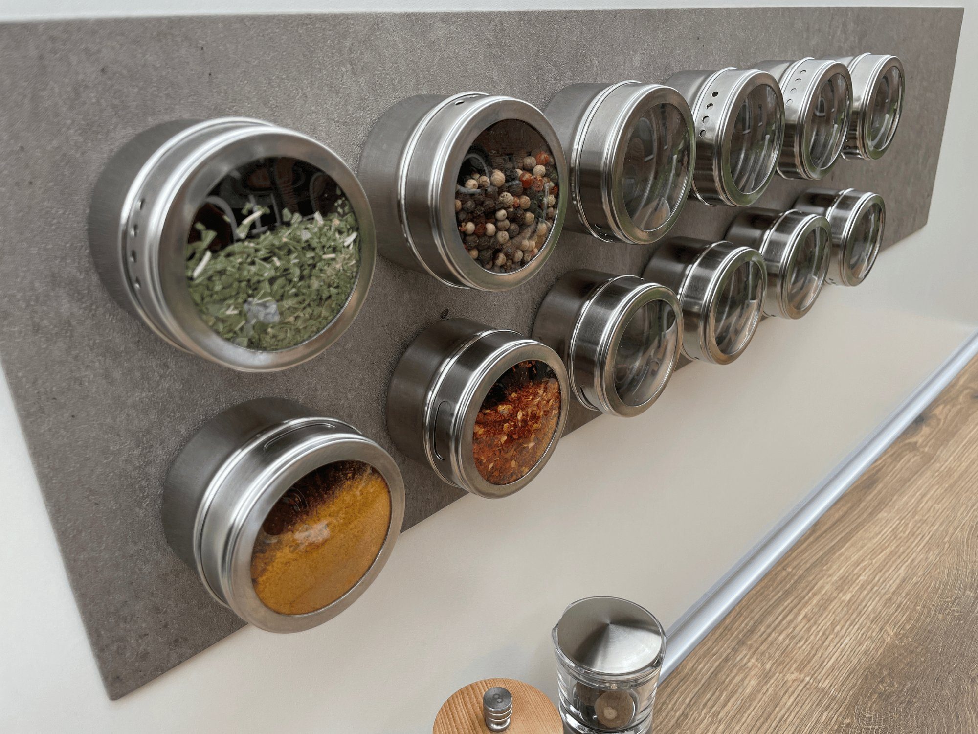 wood4hood Gewürzbehälter MAGNET, Edelstahl, (Spar-Set, 12-tlg., Ideal zur Gewürzaufbewahrung), magnetische Gewürzdosen mit Streuer und Sichtfenster