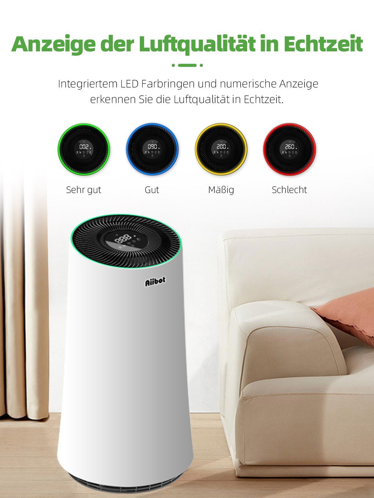 *Aiibot Luftreiniger Luftreiniger mit H13 HEPA Filter, Luftqualitätssensor, für 120 m² Räume, Schlafmodus Timer, CADR 450m³/h, erkennen Luftqualität in Echtzeit