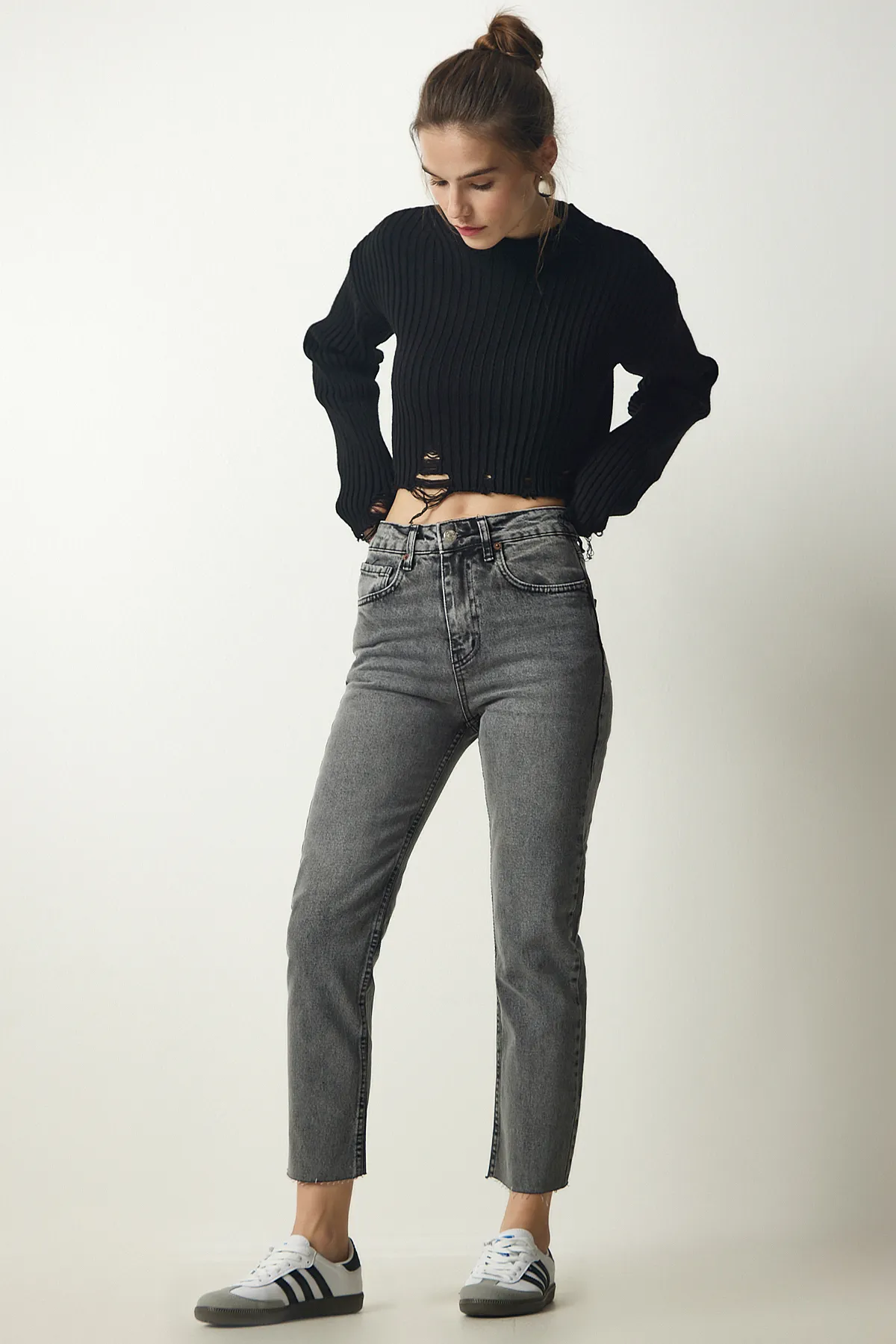 Happiness İstanbul  Graue Damen-Jeanshose mit hohem Bund CB00015