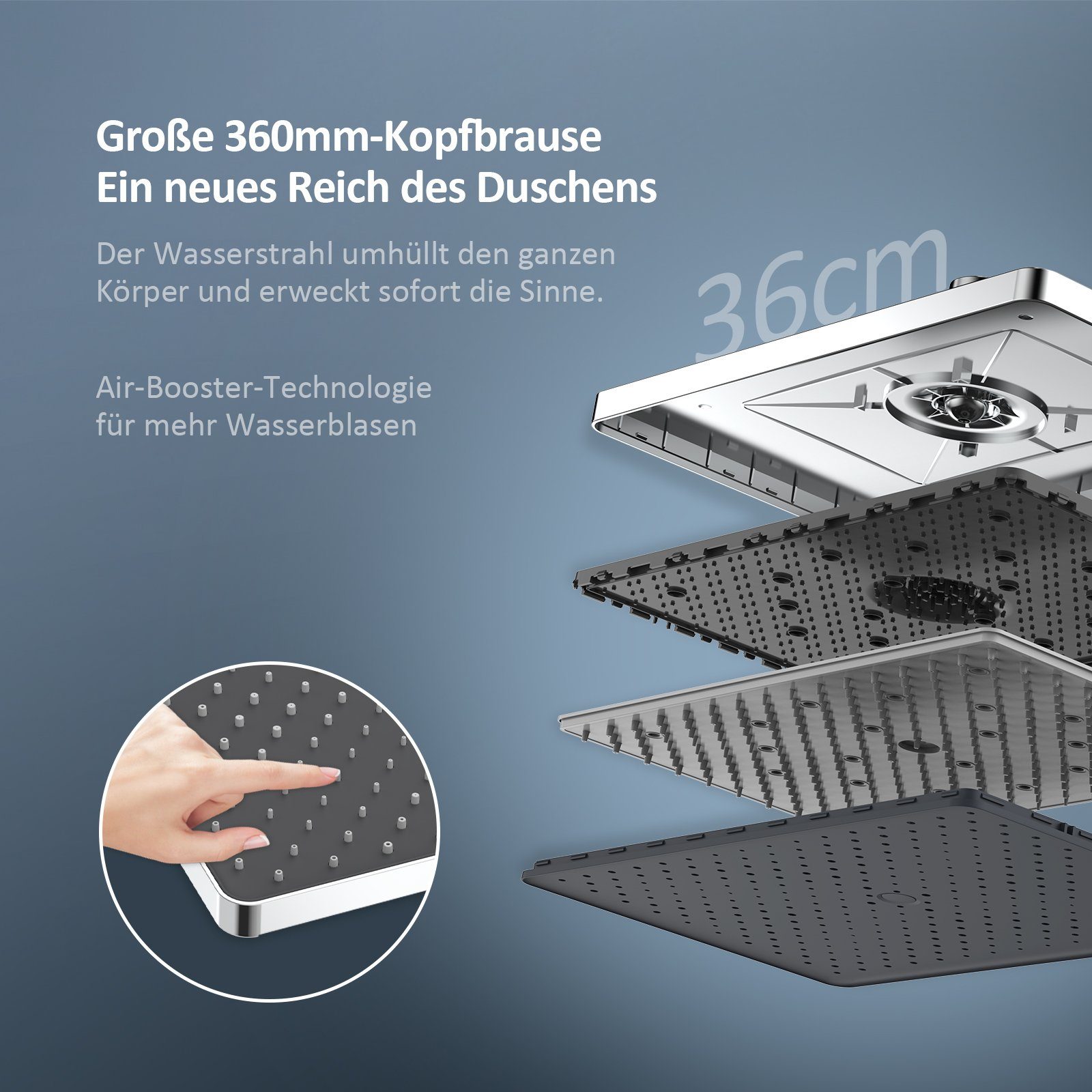 EMKE Duschsystem Duschsystem mit 38℃ Thermostat Glasablage Handbrause Regendusche, 3 Strahlart(en), Wasserauslass Verbrühungsschutz, Wandmontage, Duschamaturenset, Chrom